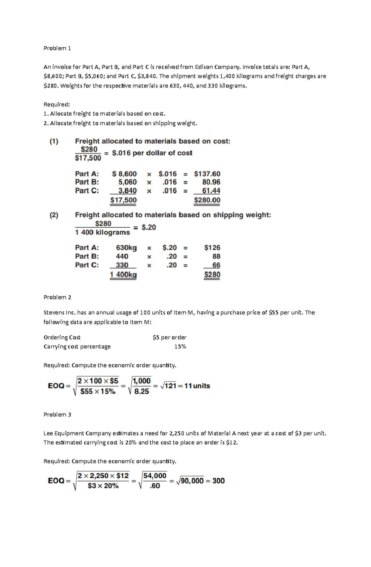 Accounting for Materials Problems with answers Problem 1 An invoice