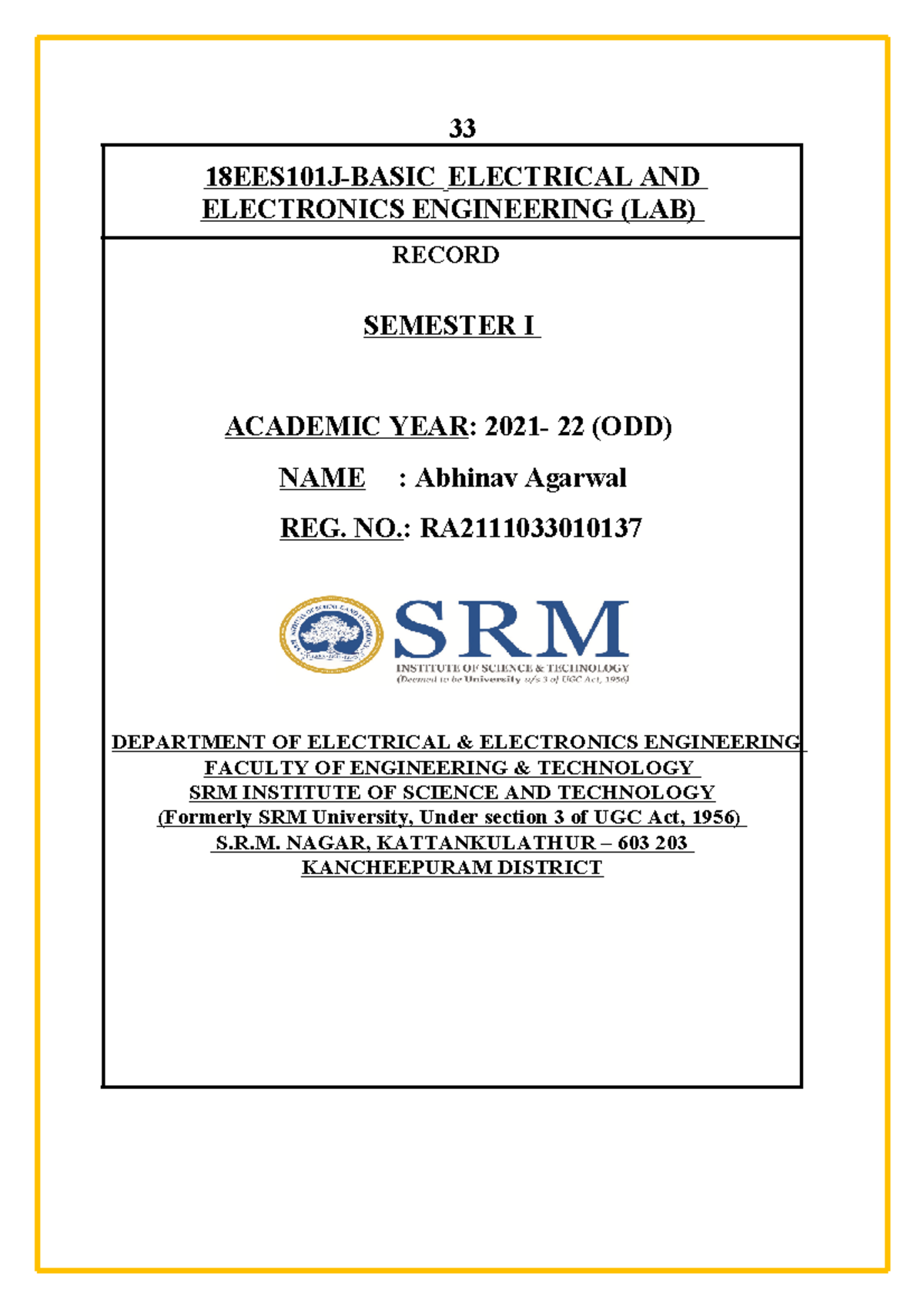 EXPERIMENT 3 OF BEEE - 33 18EES101J-BASIC ELECTRICAL AND ELECTRONICS ...