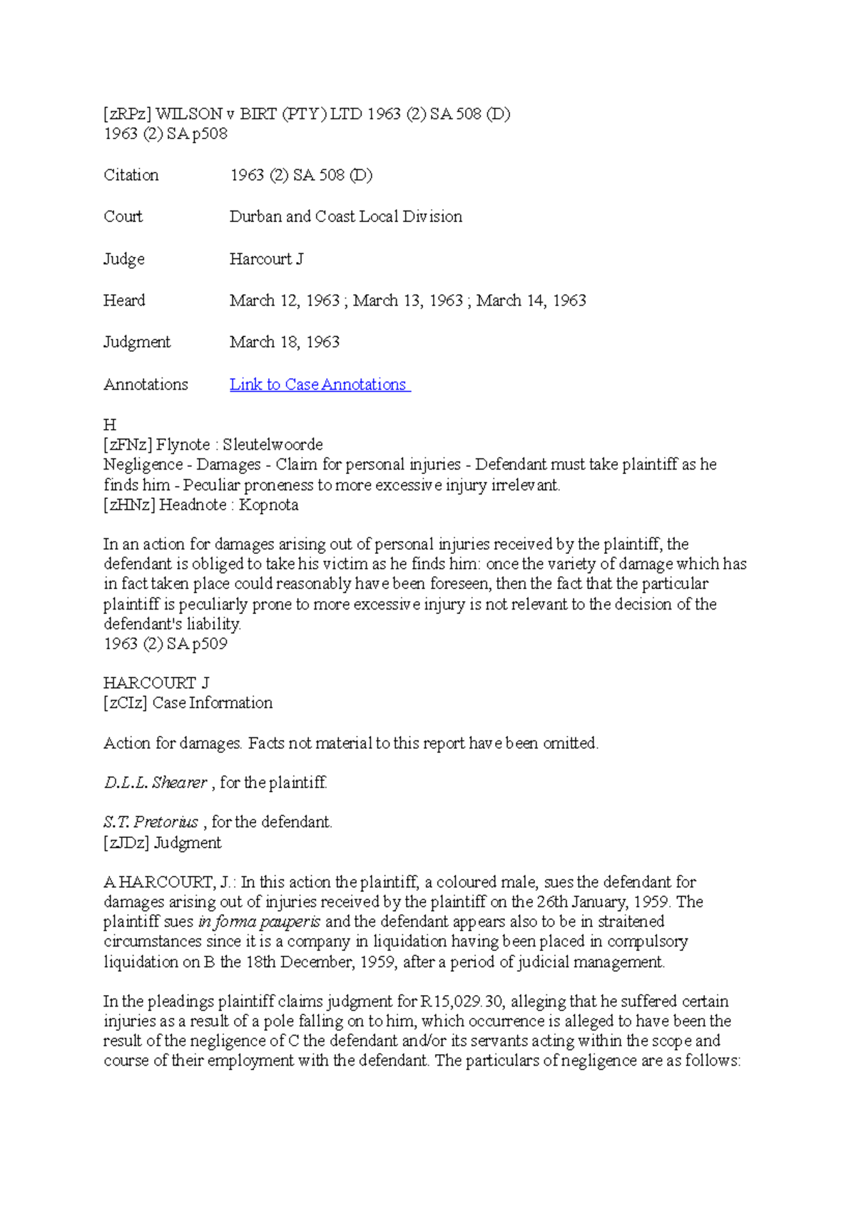 Wilson v Birt Ltd case law [zRPz] WILSON v BIRT (PTY) LTD 1963 (2