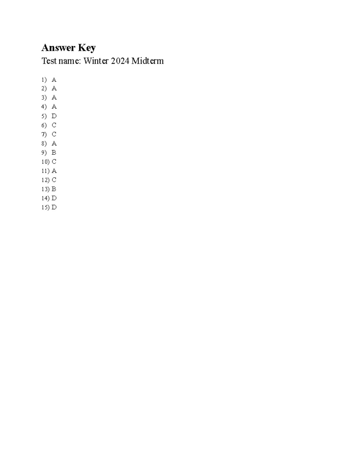 BUSI 3012 Midterm Solutions - Answer Key Test name: Winter 2024 Midterm ...