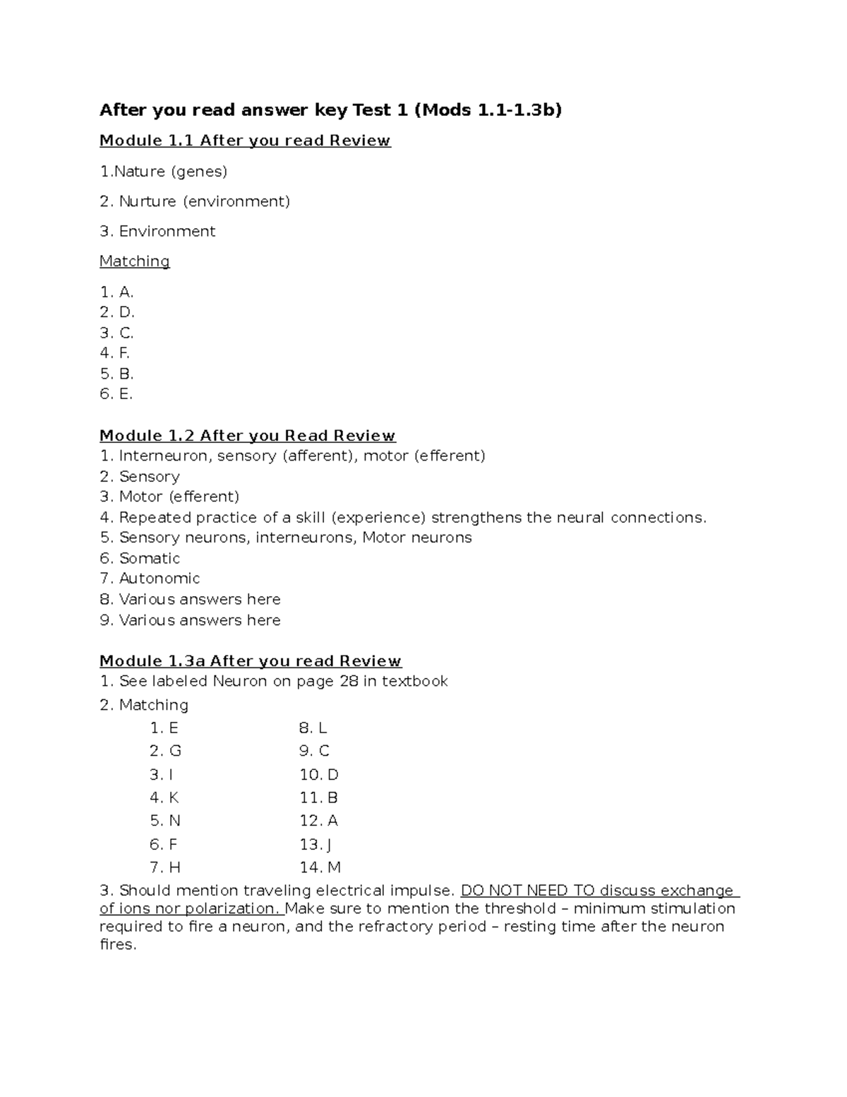 Test 1 Strive - After you read answer Key - After you read answer key ...