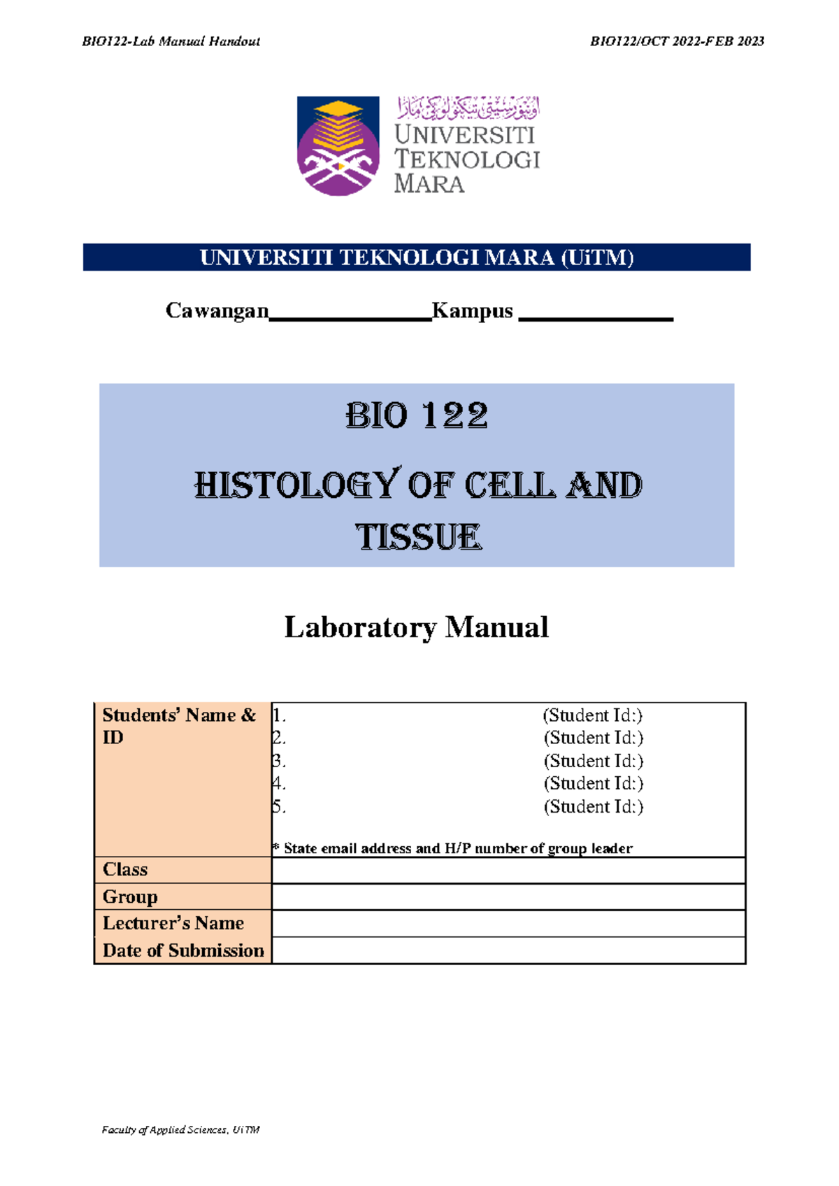 Bio lab report exp 1 - lab bio 1 - BIO122/OCT 2022-FEB 2023 Faculty of ...