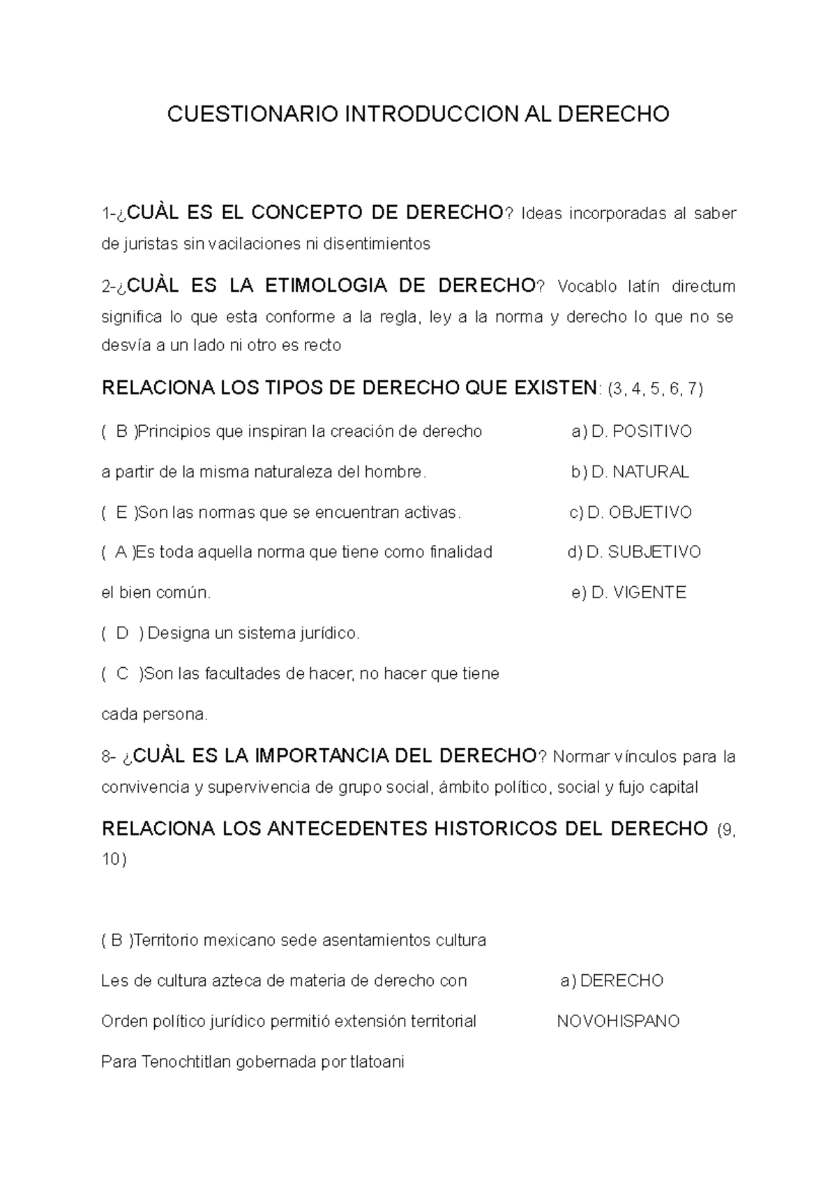 Cuestionario Derecho - Información Y Respuestas Precisas - CUESTIONARIO ...