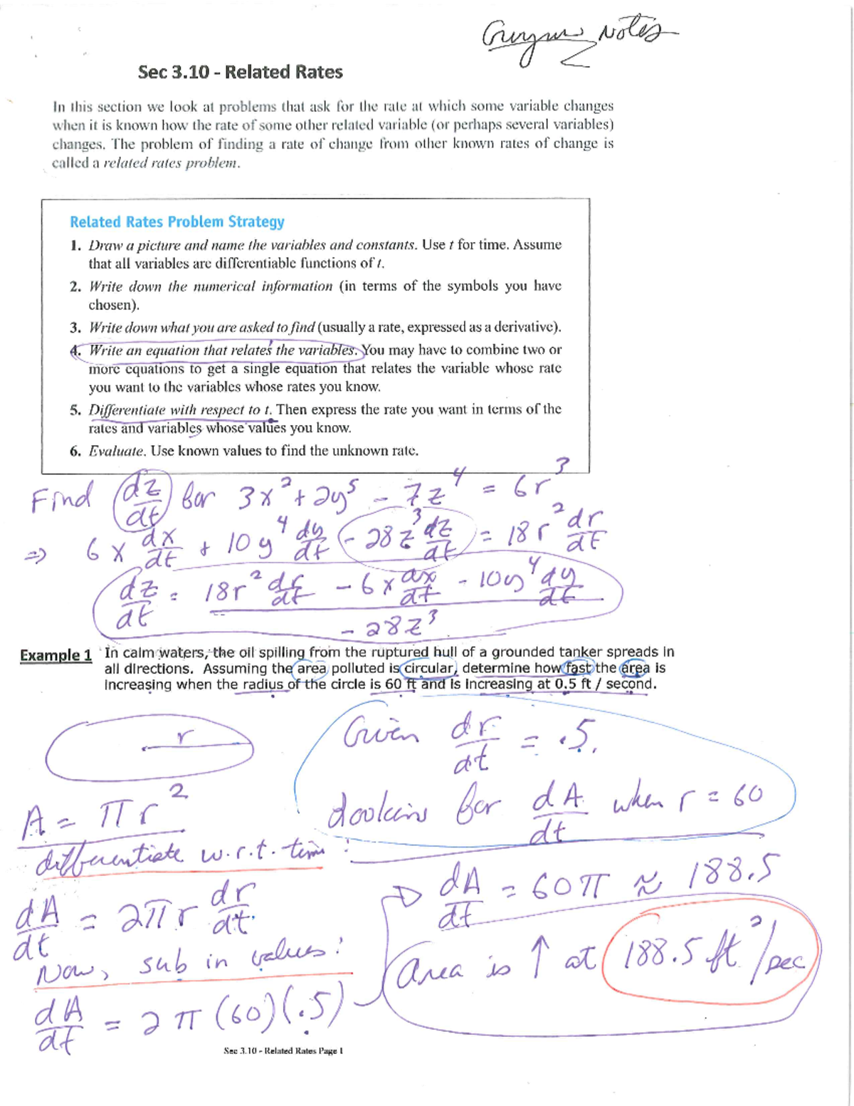 Sec 3.10 - Related Rates - Completed Notes - MTH 1321 - Studocu