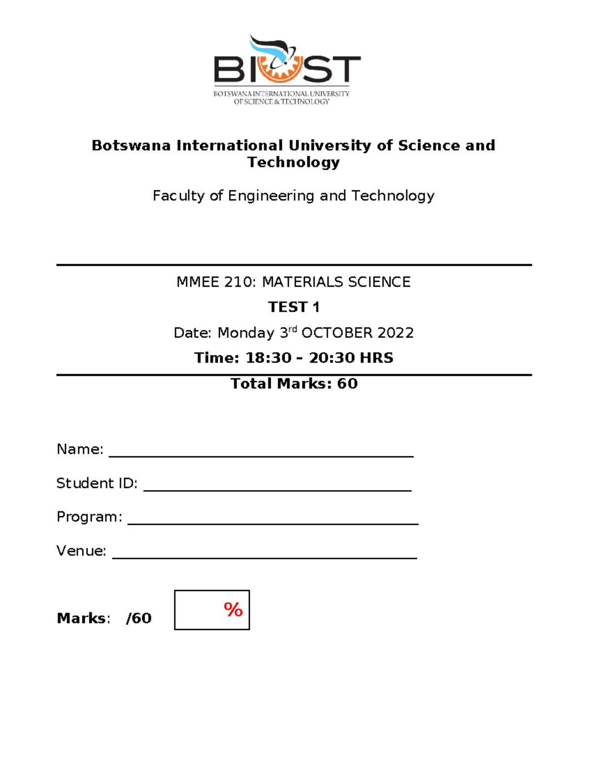 MMEE 210 2022-23 Test 1 - has solutions including diagrams - Botswana ...