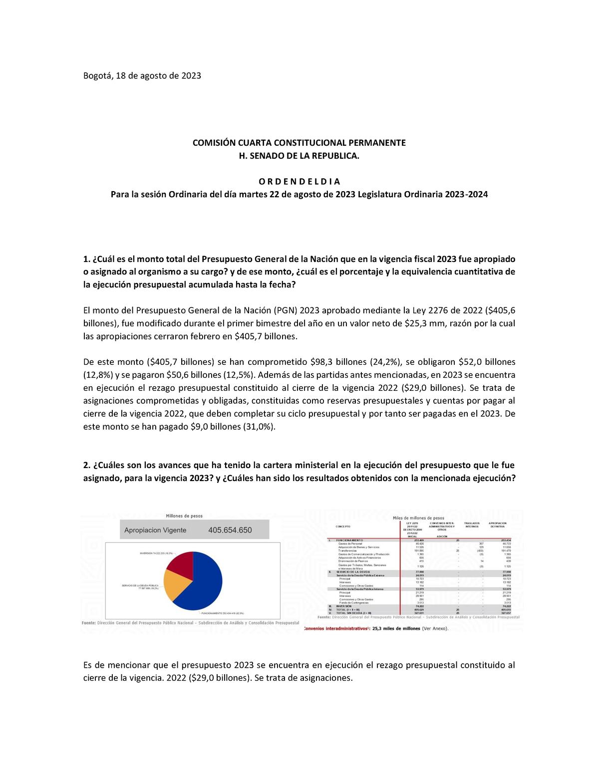 RP. Orden Del Dia 22 Agosto - Bogot·, 18 De Agosto De 2023 COMISI”N ...