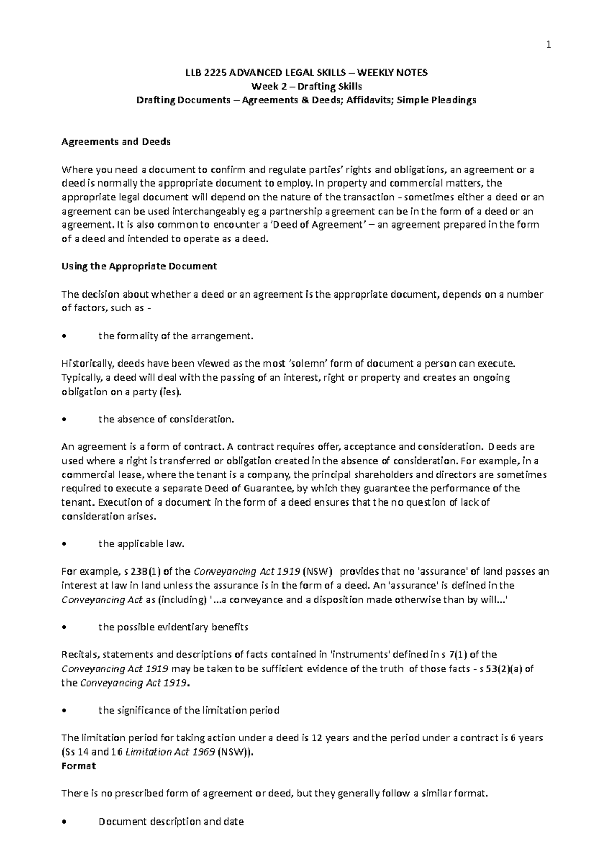 Drafting Structures - Summary - LLB 2225 ADVANCED LEGAL SKILLS – WEEKLY ...