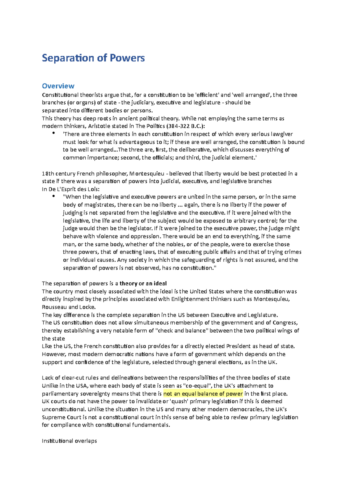Prepare 6 - Lecture 6 notes for Public Law I - Separation of Powers ...