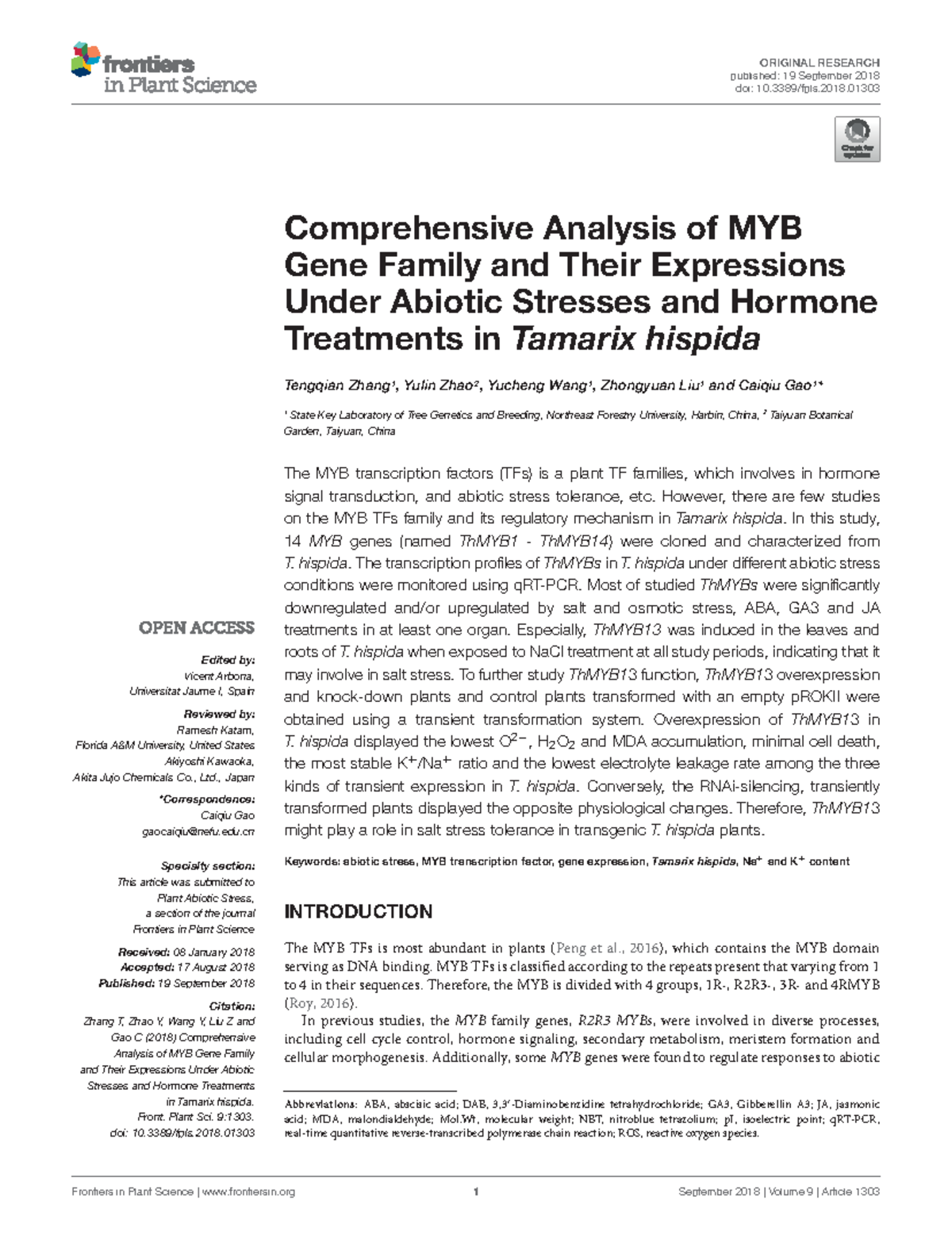 Comprehensive Analysis of MYB Gene Family and Thei - ORIGINAL RESEARCH ...