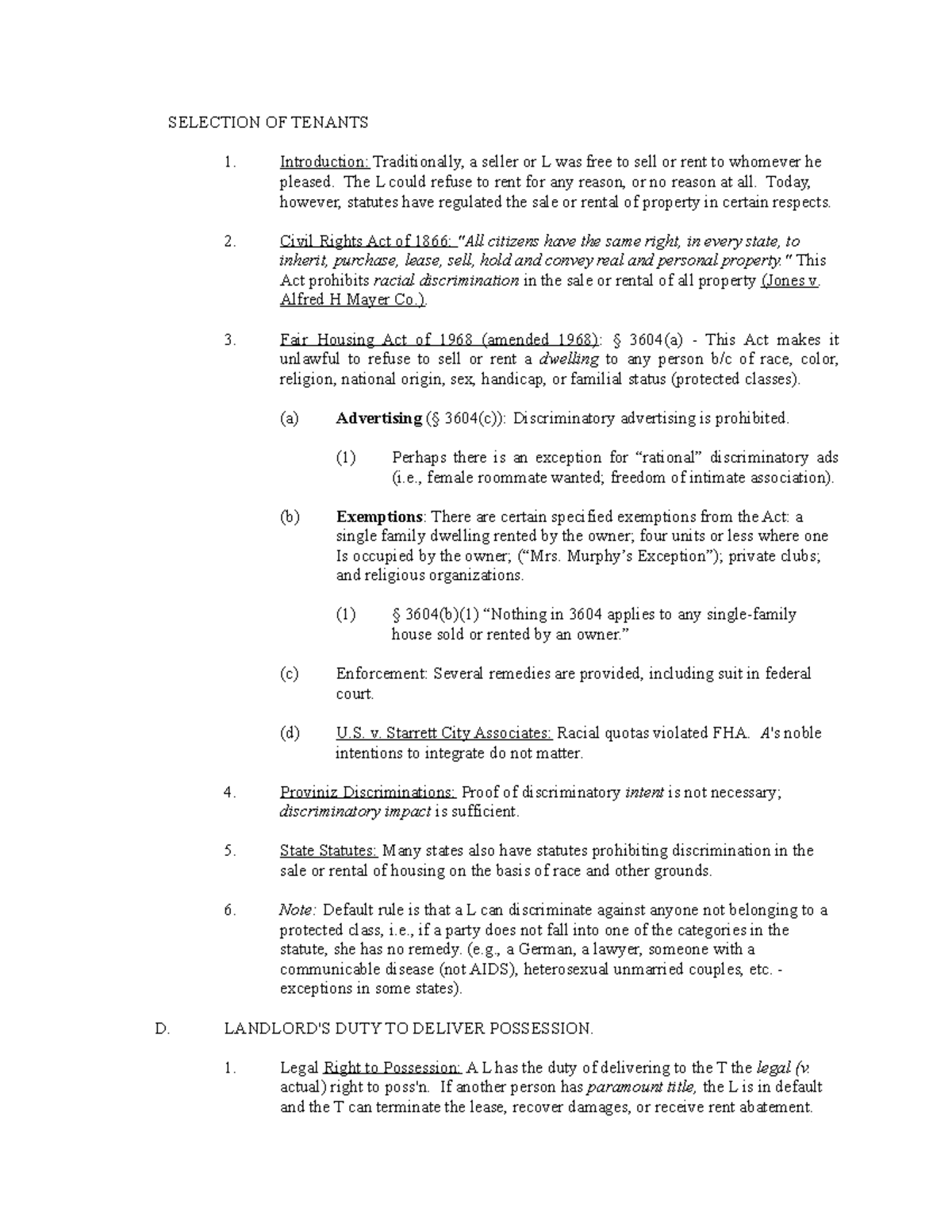 Property Law Outline - 3 - SELECTION OF TENANTS Introduction ...