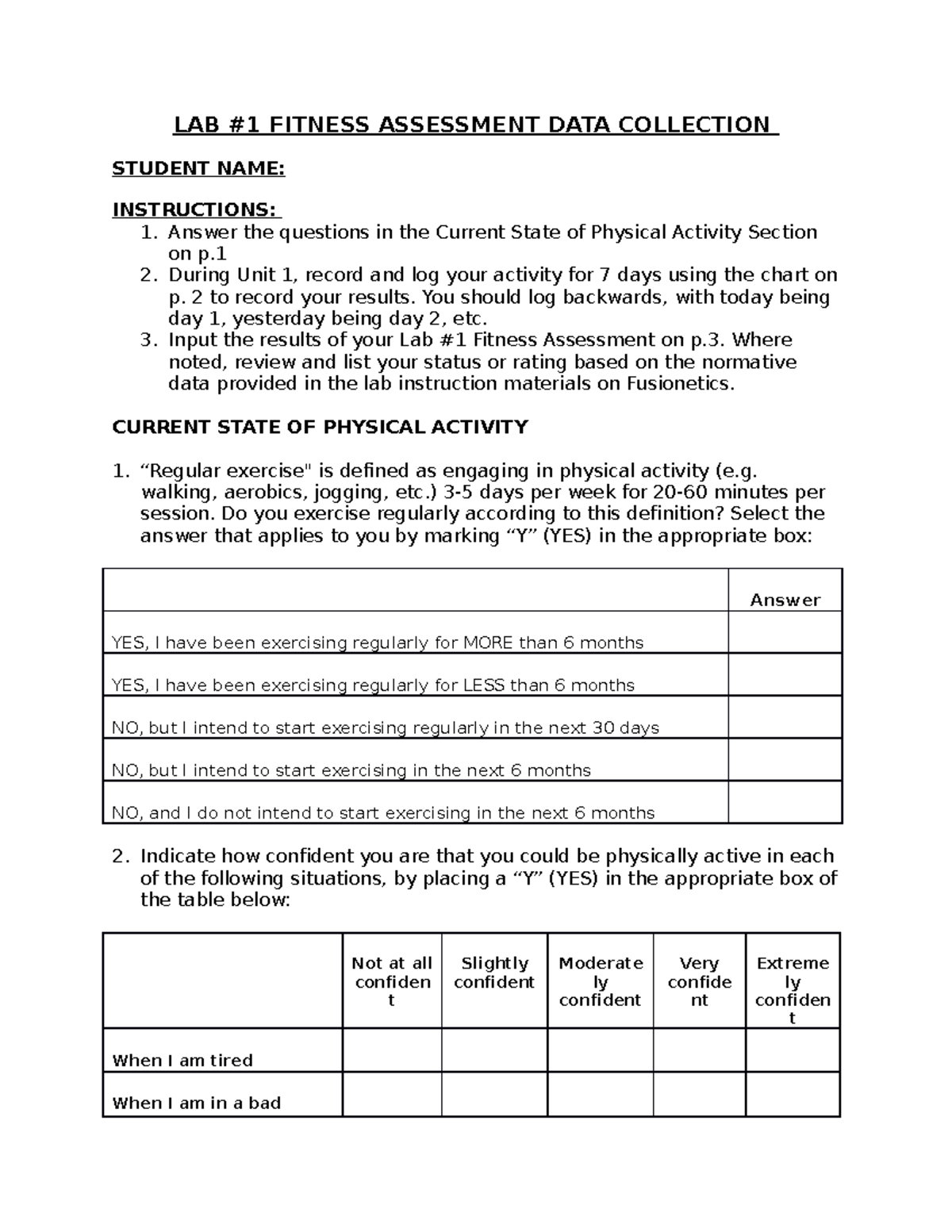 Lab 1 Fitness Assessment Data Collection - LAB #1 FITNESS ASSESSMENT ...