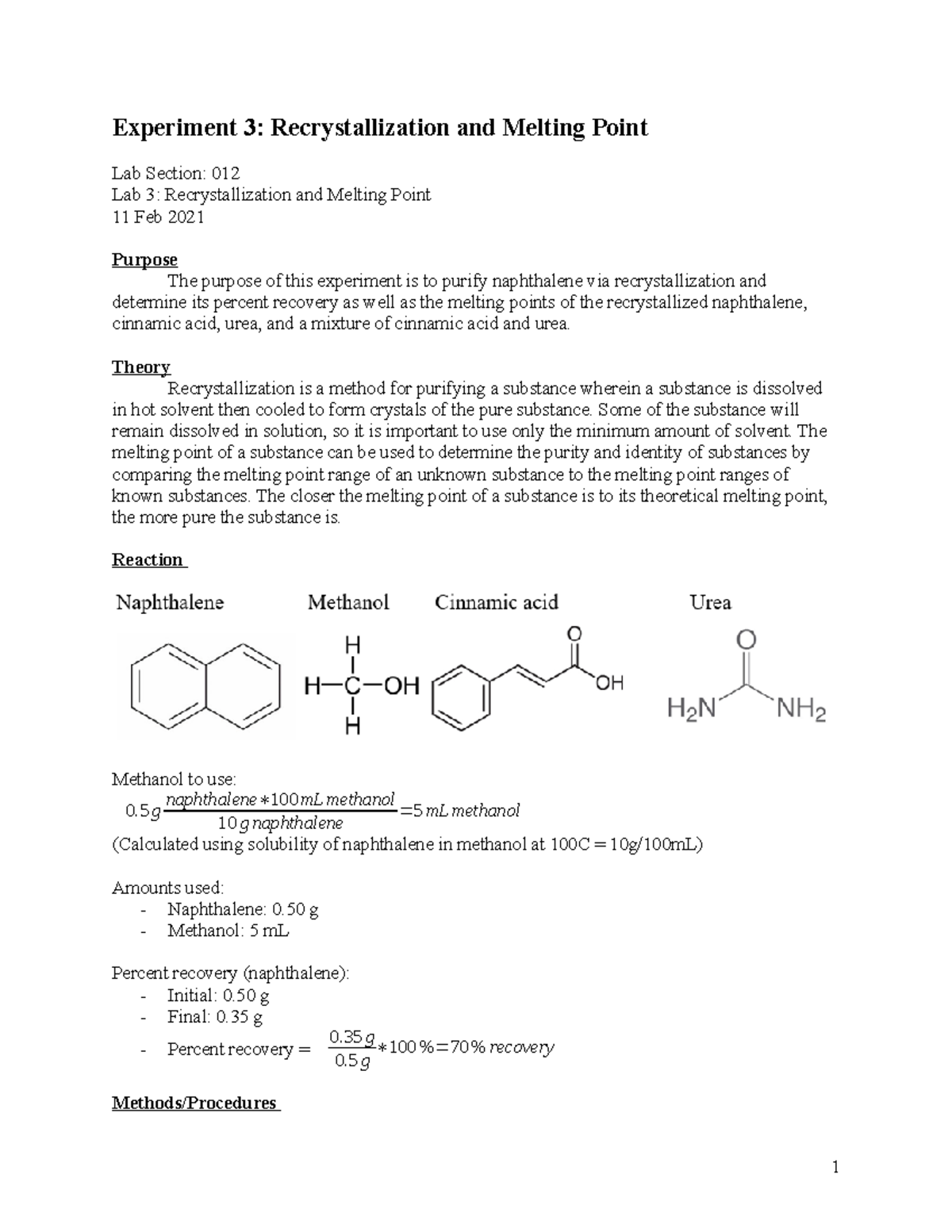 CHEM 253 Report 3 - Experiment 3: Recrystallization And Melting Point ...