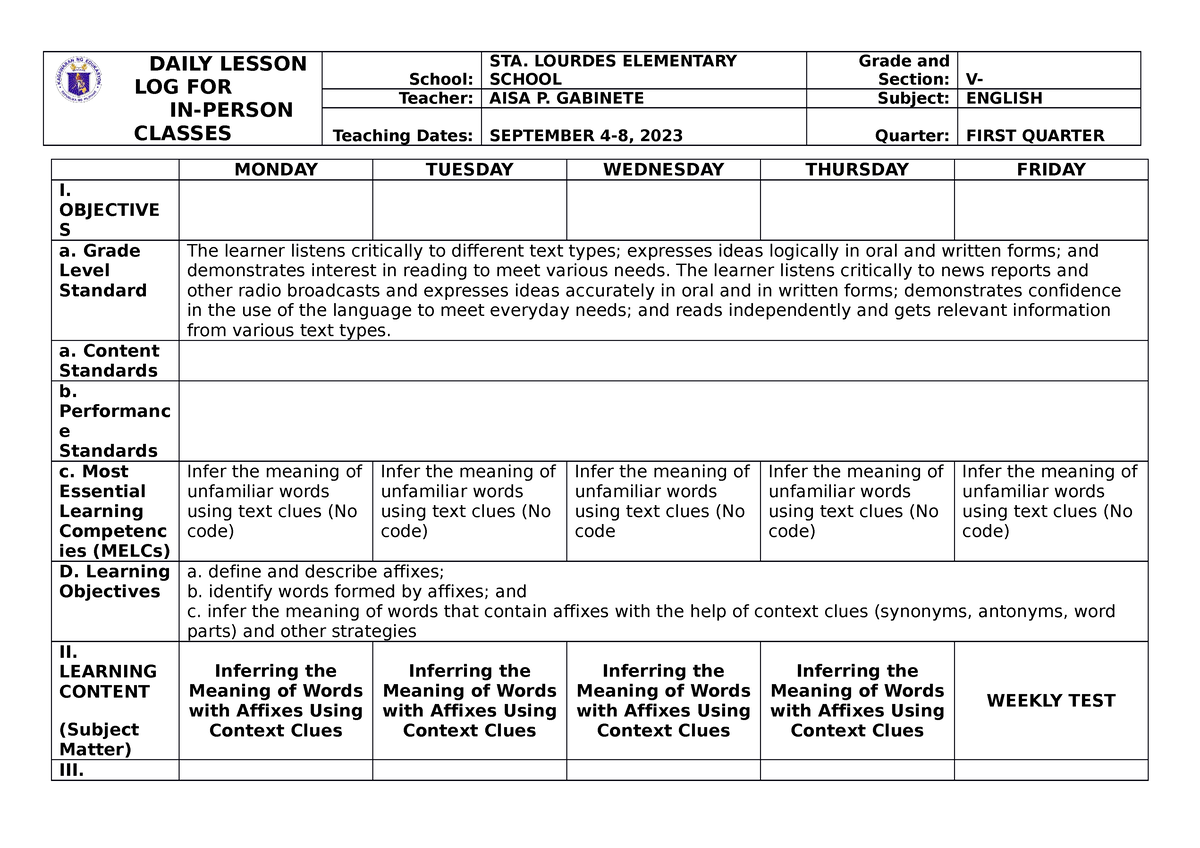 ENG WEEK 2 - Sample DLL - DAILY LESSON LOG FOR IN-PERSON CLASSES School ...