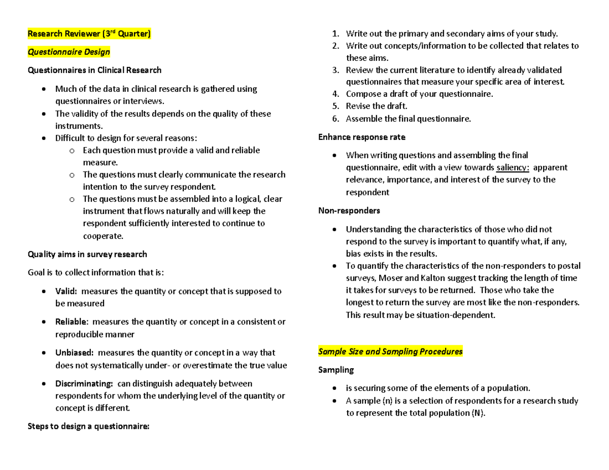 Research Notes Reviewer - Research Reviewer (3rd Quarter) Questionnaire ...