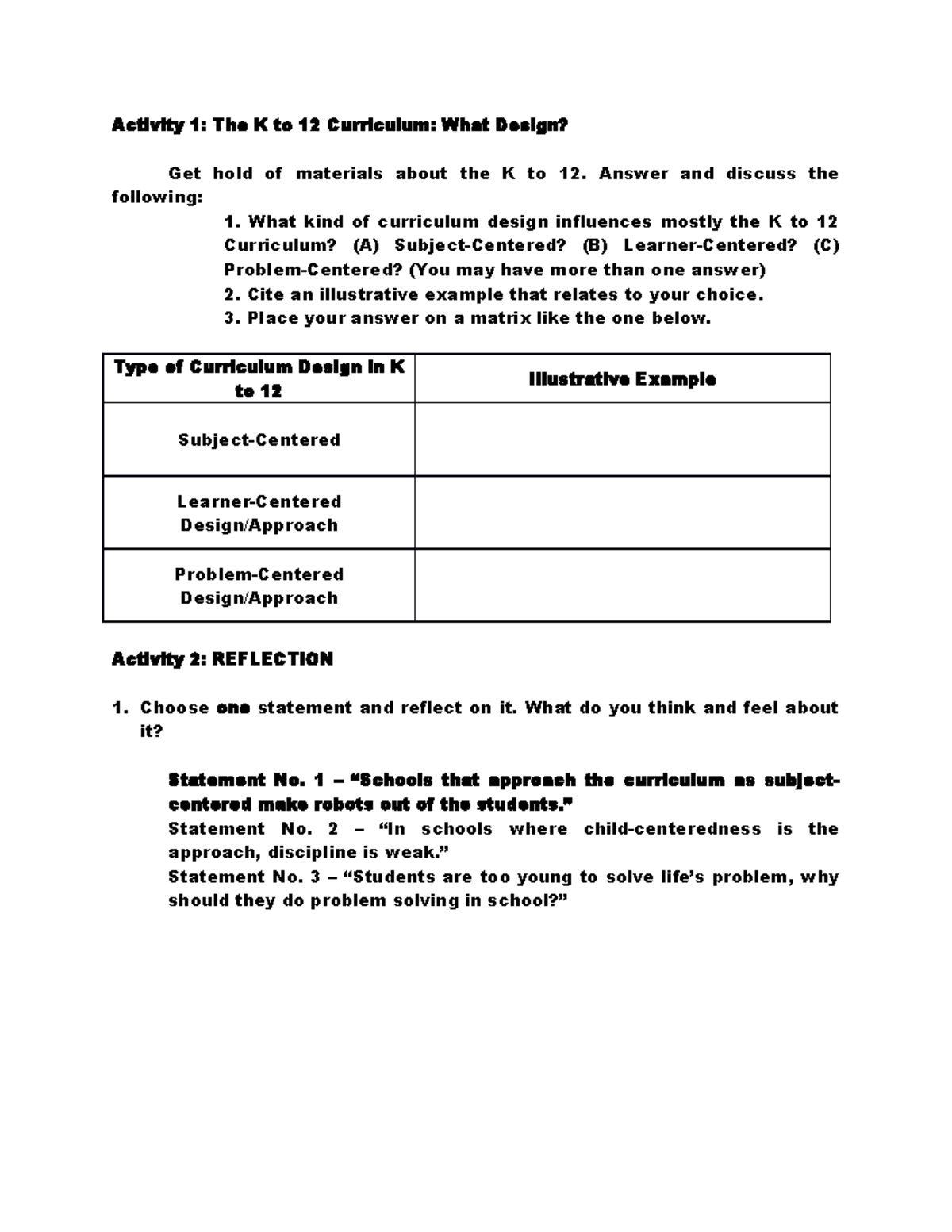 Activity 8 Activity 1 The K To 12 Curriculum What Design Get Hold 