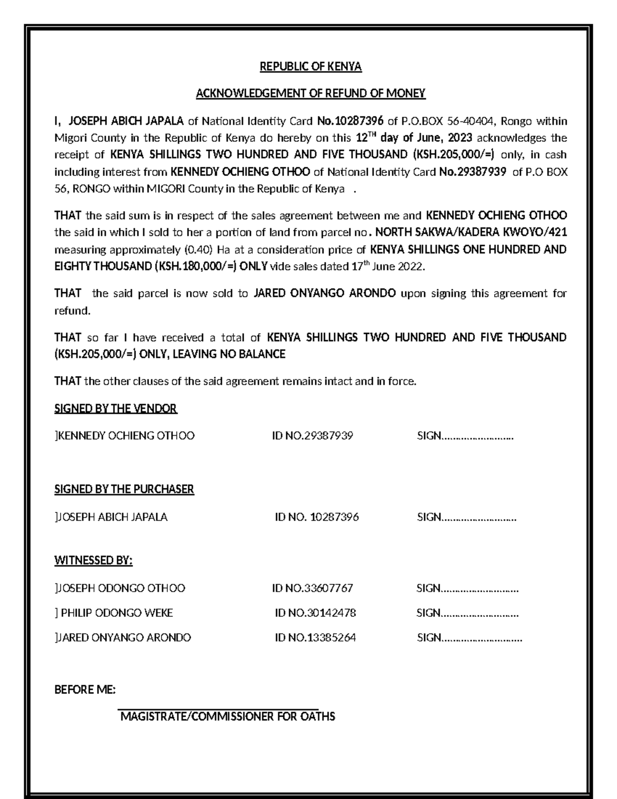 Acknowledgement NEW - good work - ACKNOWLEDGEMENT OF REFUND OF MONEY I ...