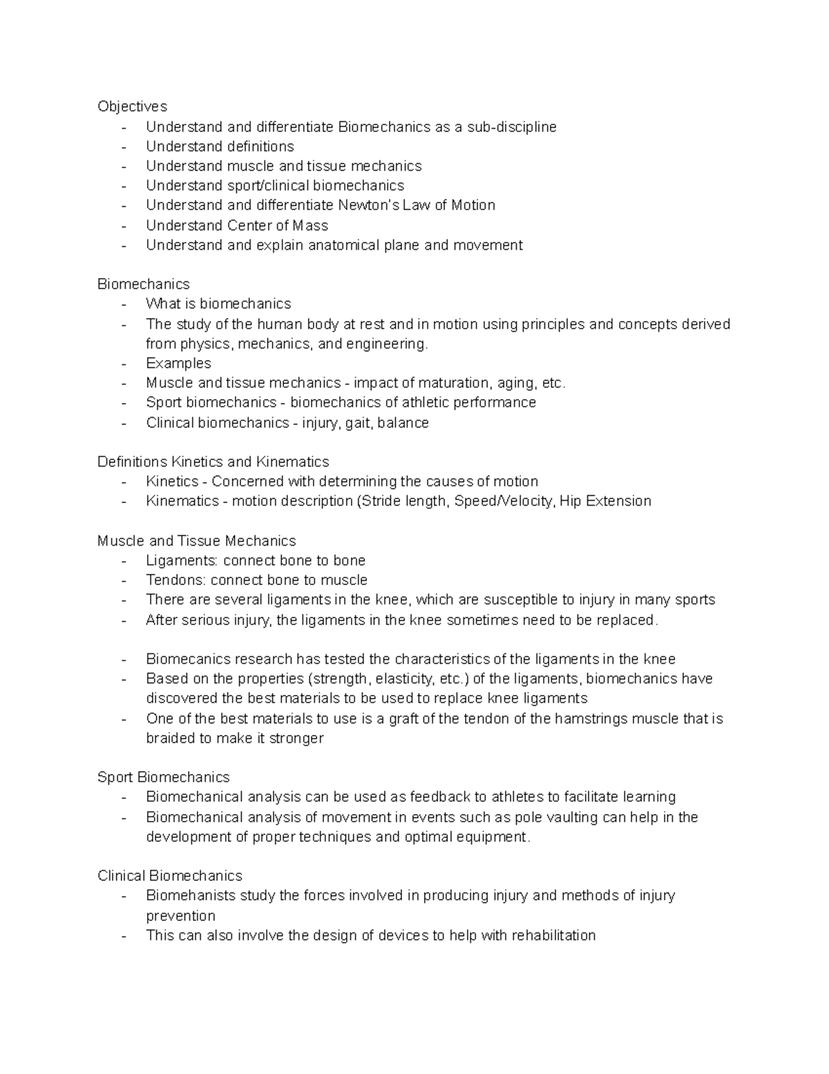 Introduction to Biomechanics - Objectives - Understand and ...