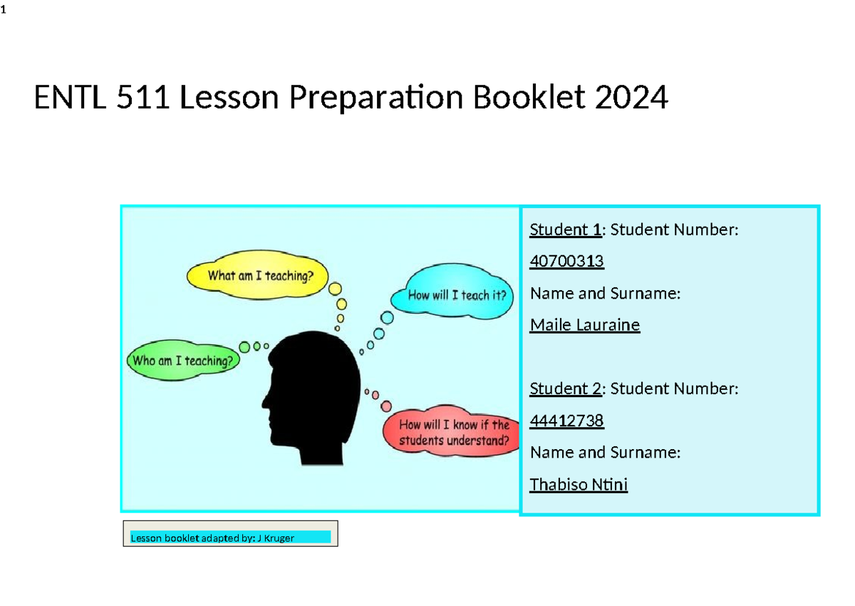 Lesson Booklet ENTL511 - 1 ENTL 511 Lesson Preparation Booklet 2024 ...