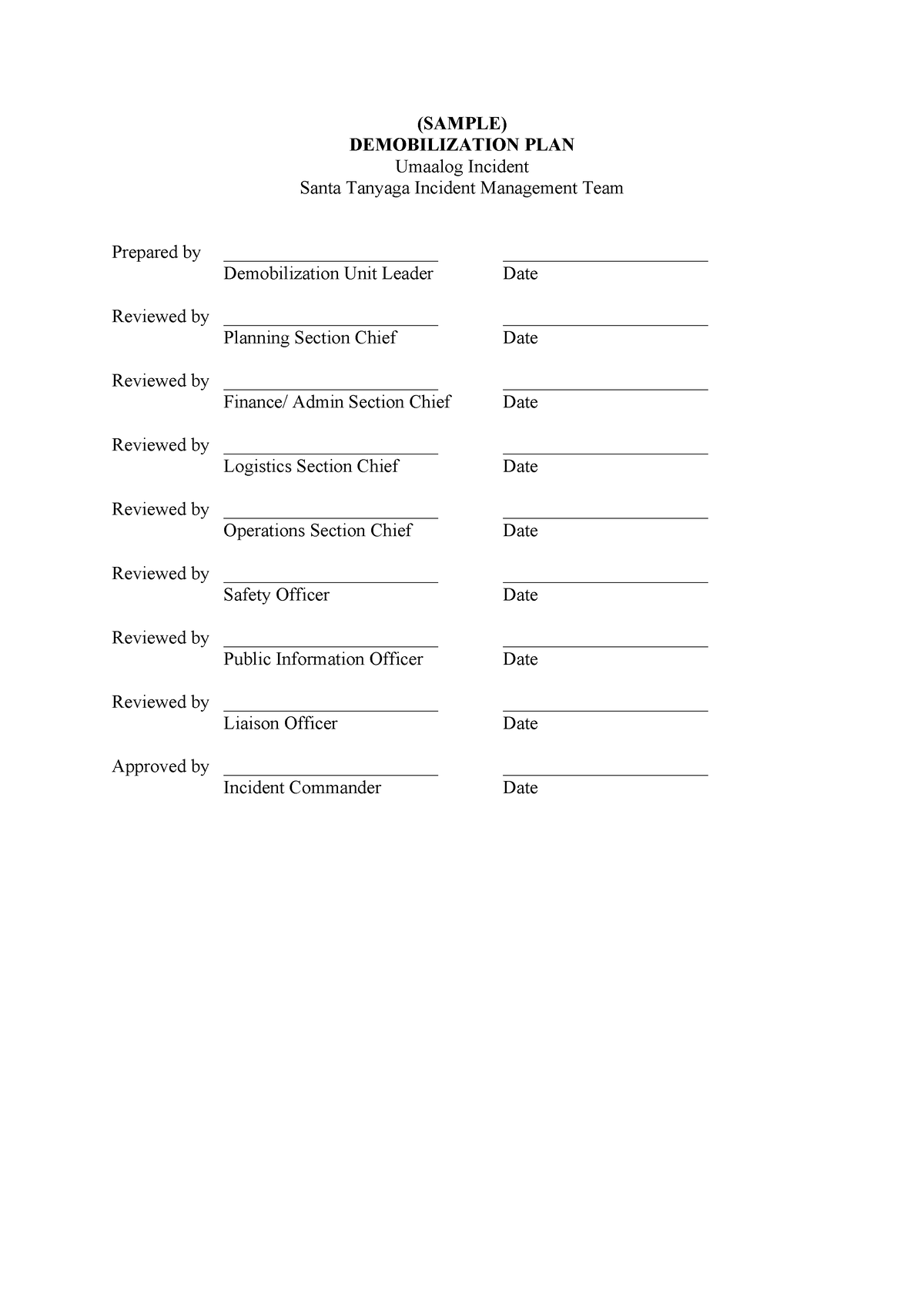 Module 4 Session 5 Sample Demobilization Plan - (SAMPLE) DEMOBILIZATION ...