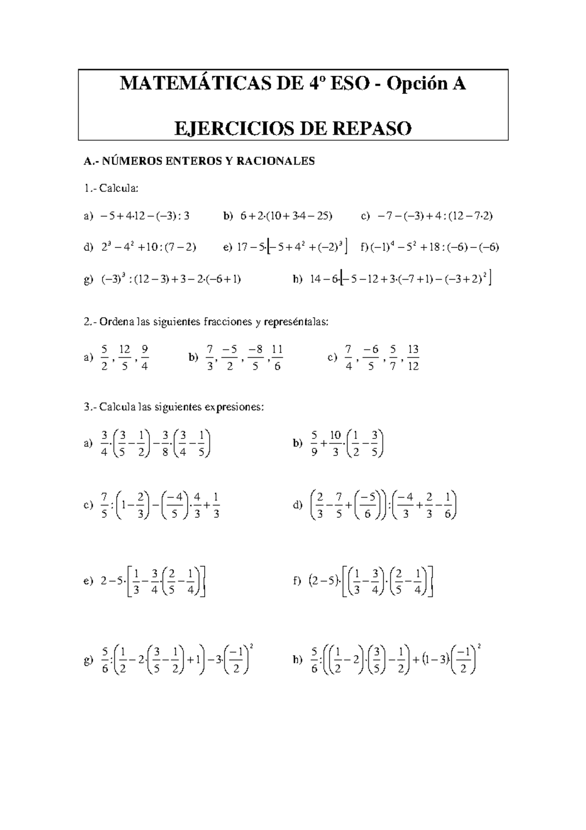 Matemáticas 4 Curso ESO - MATEMÁTICAS DE 4º ESO - Opción A EJERCICIOS ...