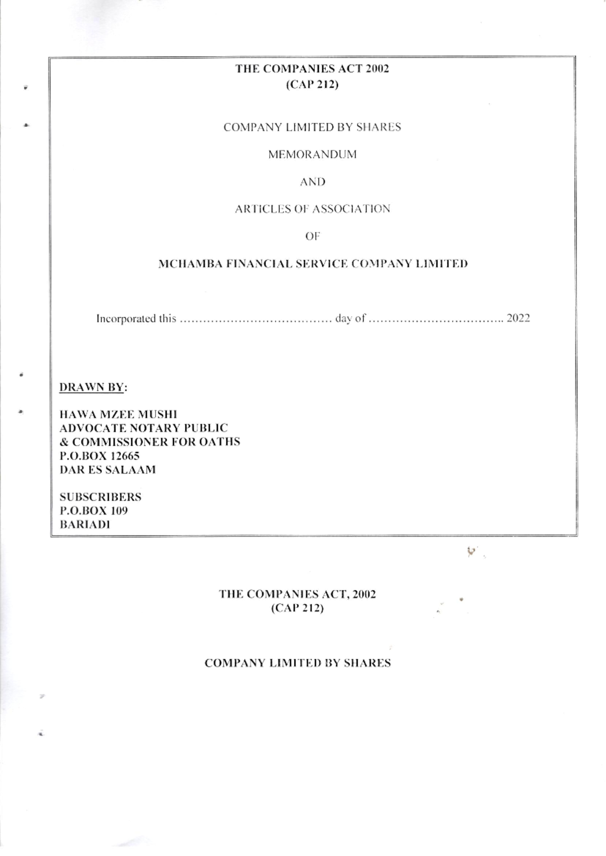 Memart - THE COMPANIES ACT 2002 (CAP 212) COMPANY LIMITED SHARES ...