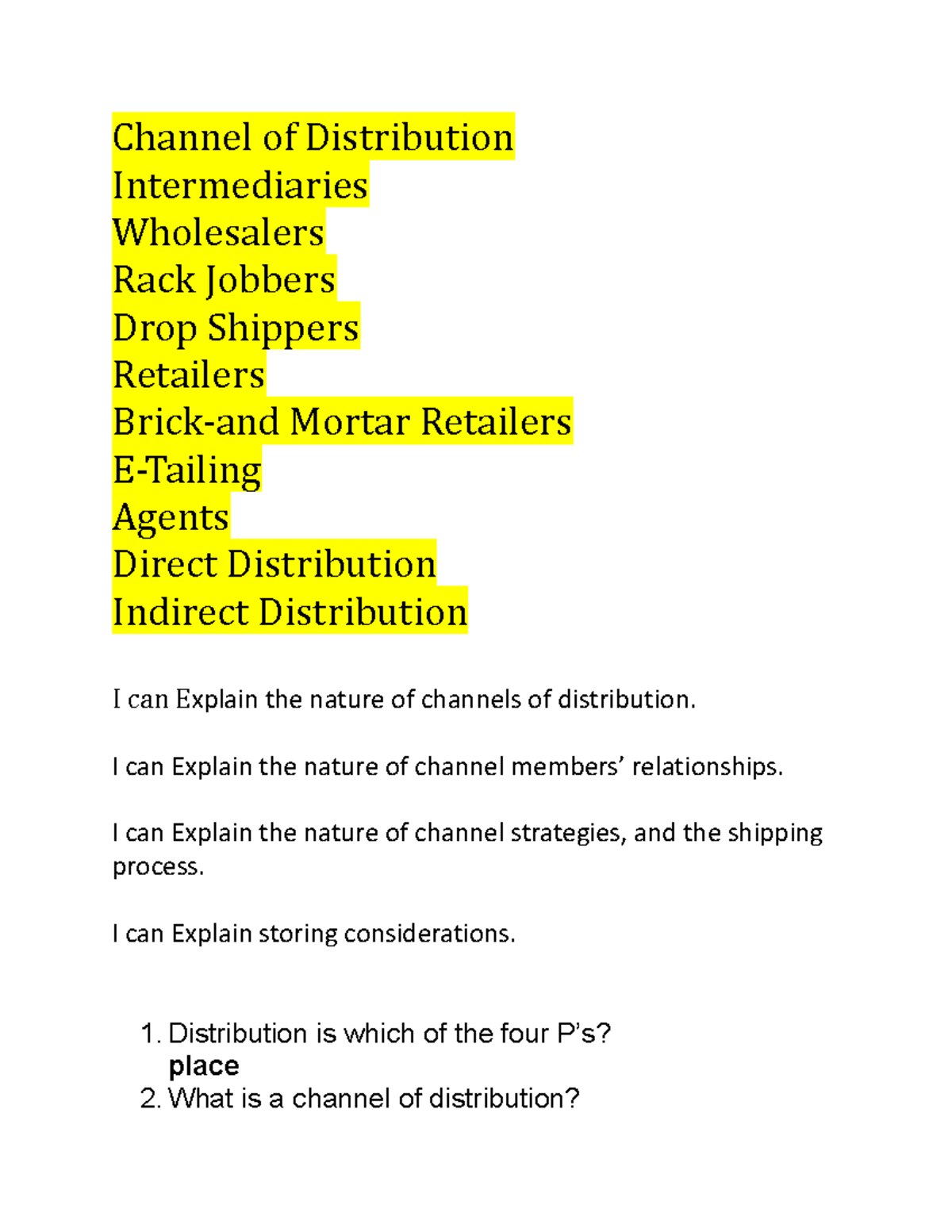 Channel of Distribution Test 10052023 Channel of Distribution