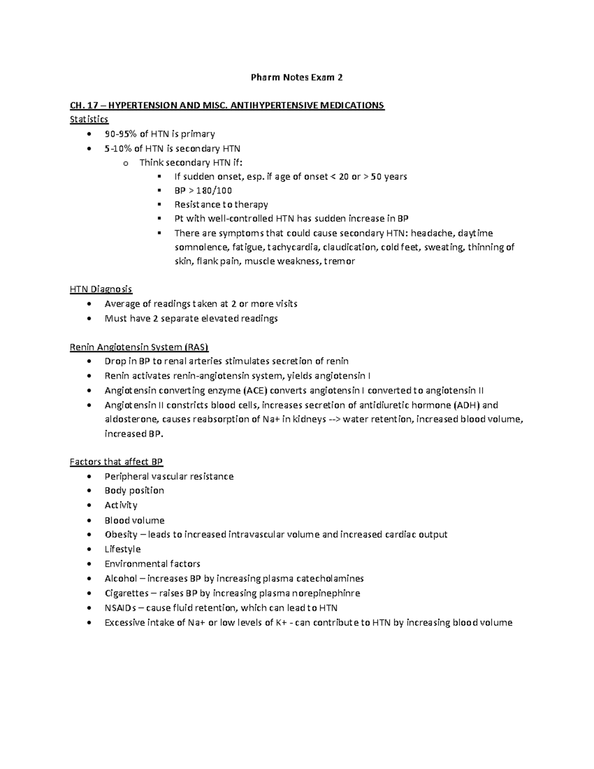 Pharm Notes Exam 2 - 17 – HYPERTENSION AND MISC. ANTIHYPERTENSIVE ...