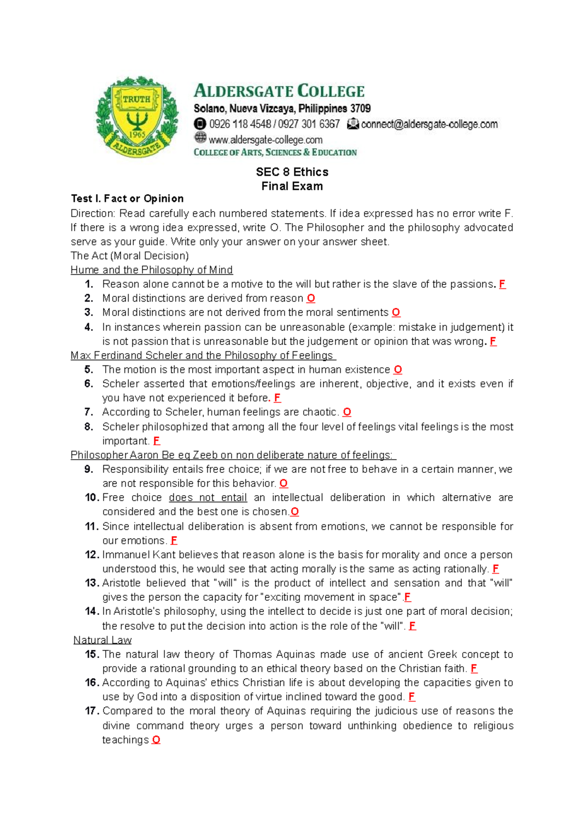 Final Test In Ethics - SEC 8 Ethics Final Exam Test I. Fact Or Opinion ...