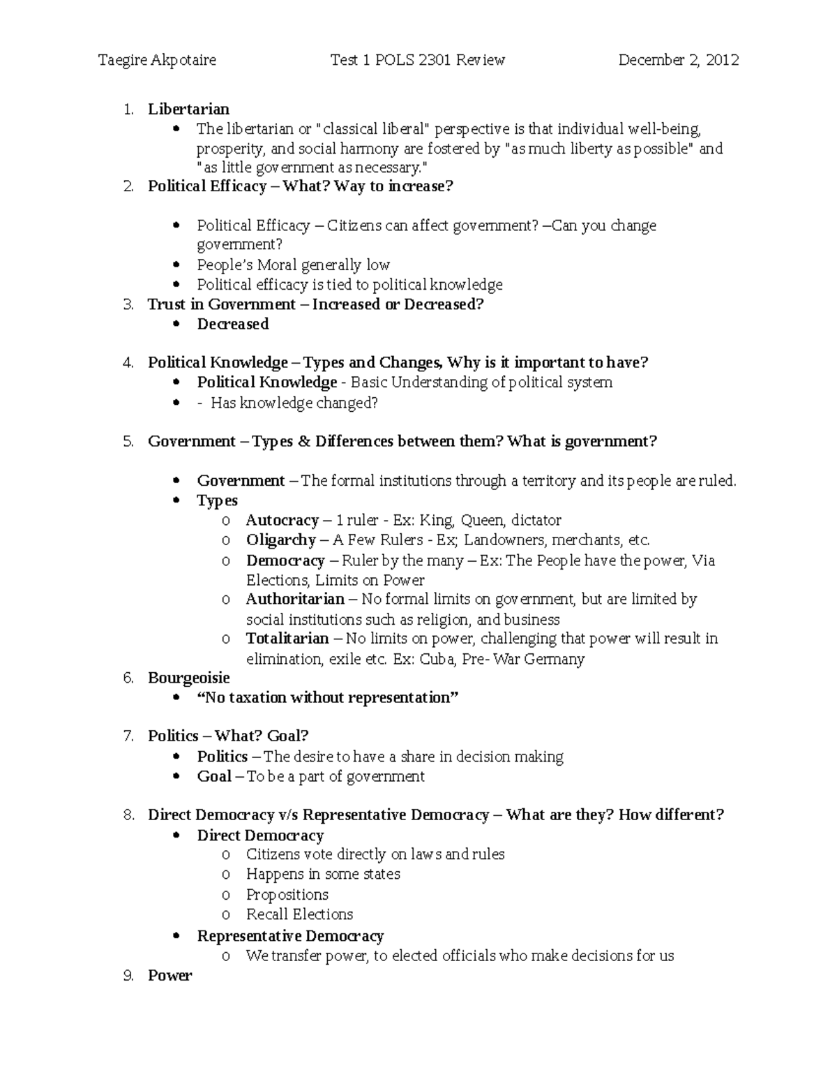 Test 1 POLS 2301 Review - Libertarian The libertarian or "classical ...