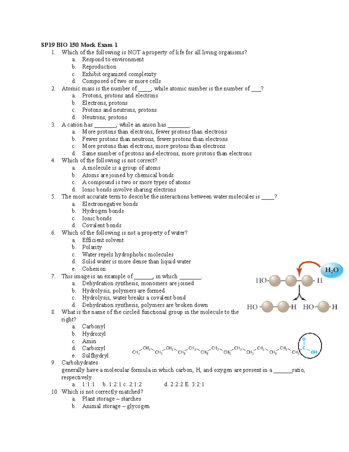 BIO150 Mock Exam 1 - SP19 BIO 150 Mock Exam 1 1. Which Of The Following ...