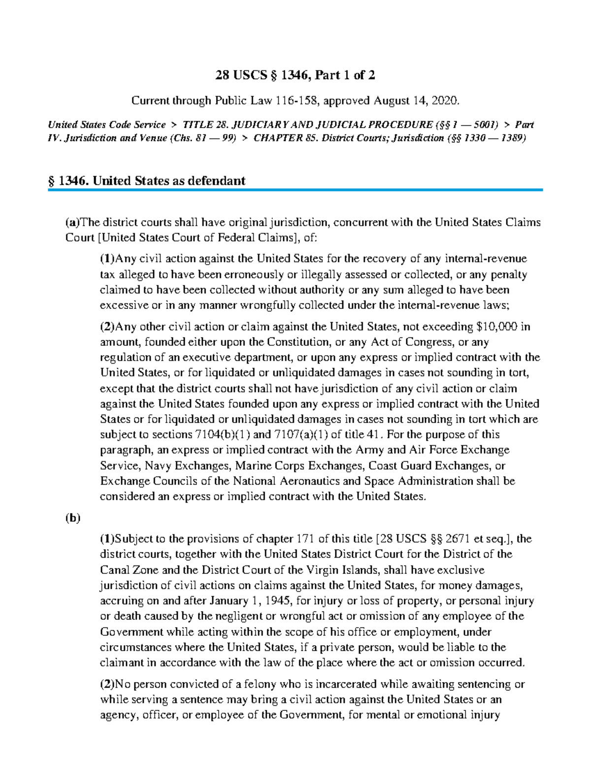 28 USCS 1346 Part 1 of 2 Civil Procedure I 28 USCS § 1346, Part 1