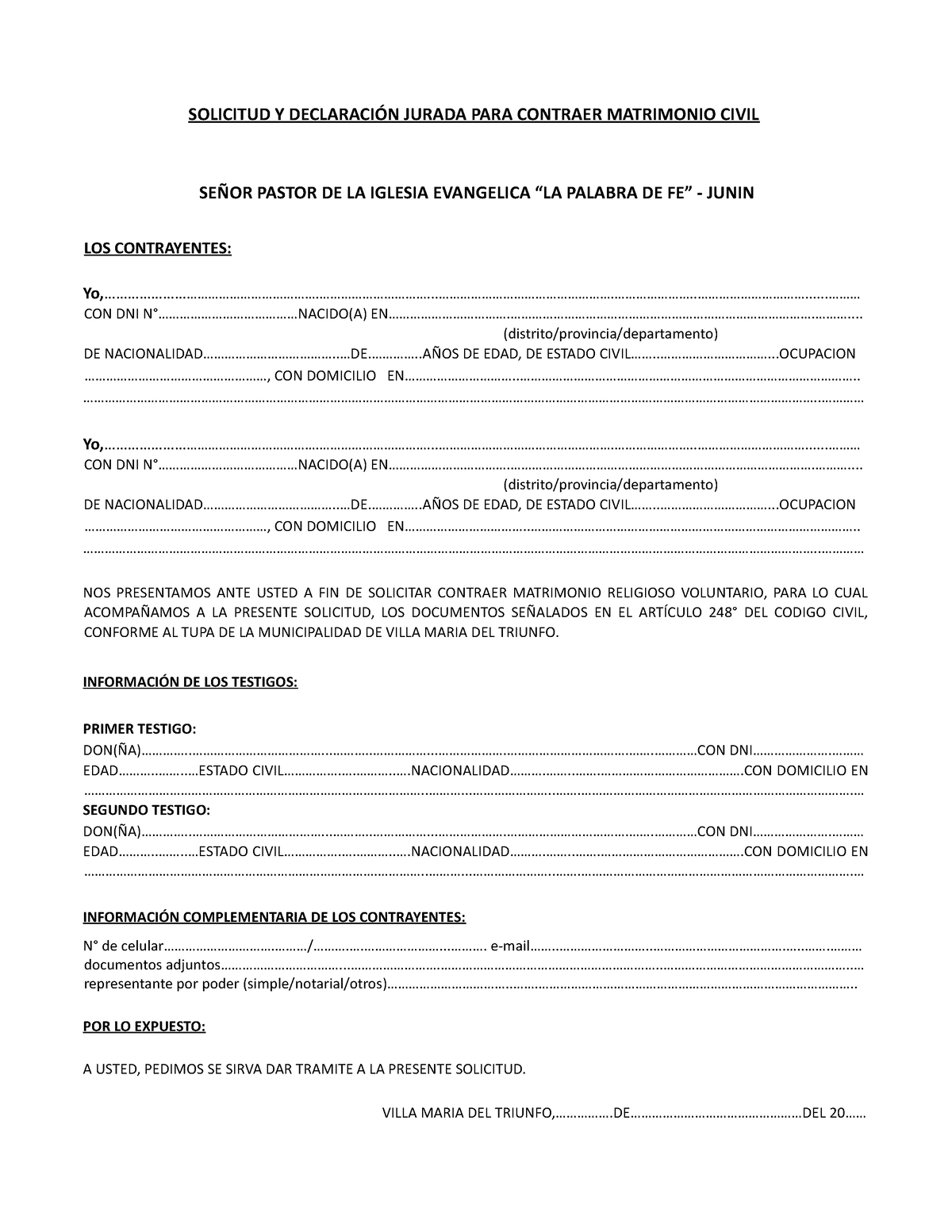 Formatos De Matrimonio Civil Solicitud Y DeclaraciÓn Jurada Para Contraer Matrimonio Civil 1657