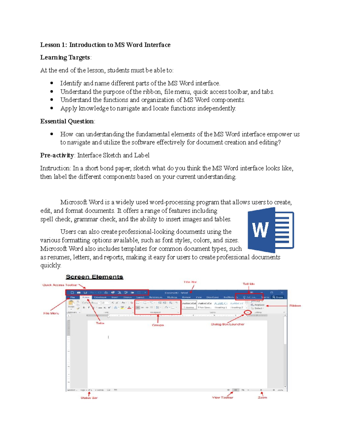Lesson 1 - Computer - Lesson 1: Introduction to MS Word Interface ...