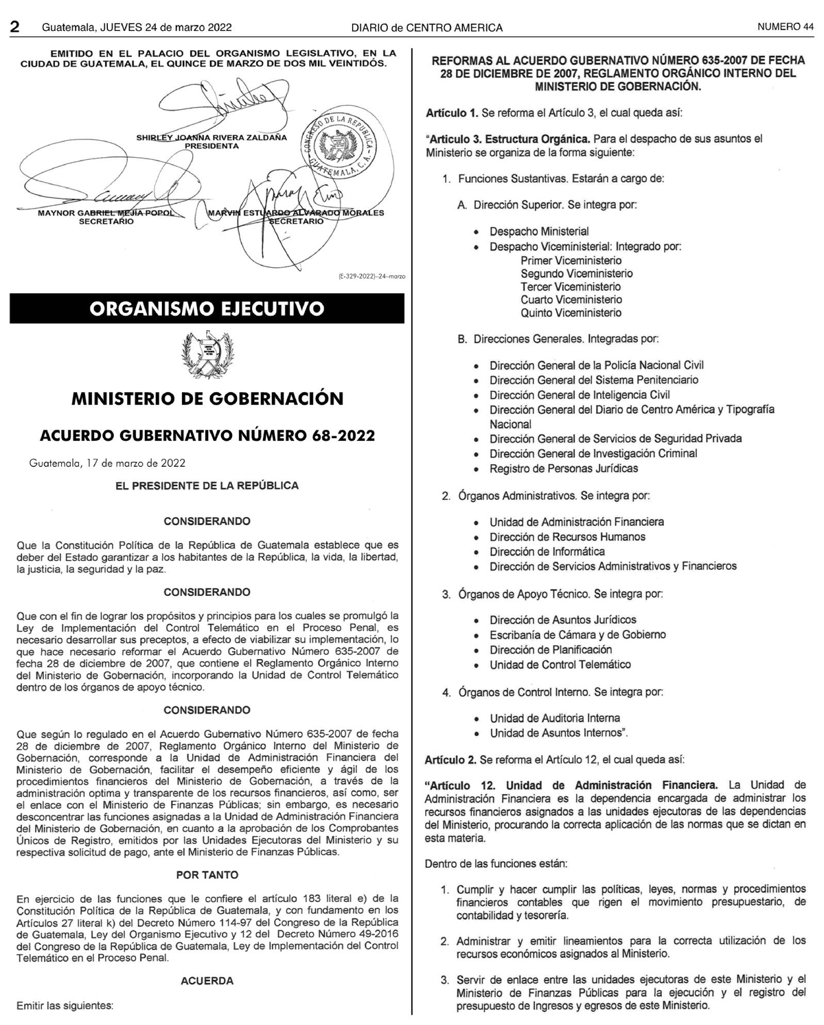 Acuerdo Gubernativo 68-2022 Reformas Al Reglamento Orgánico Del ...