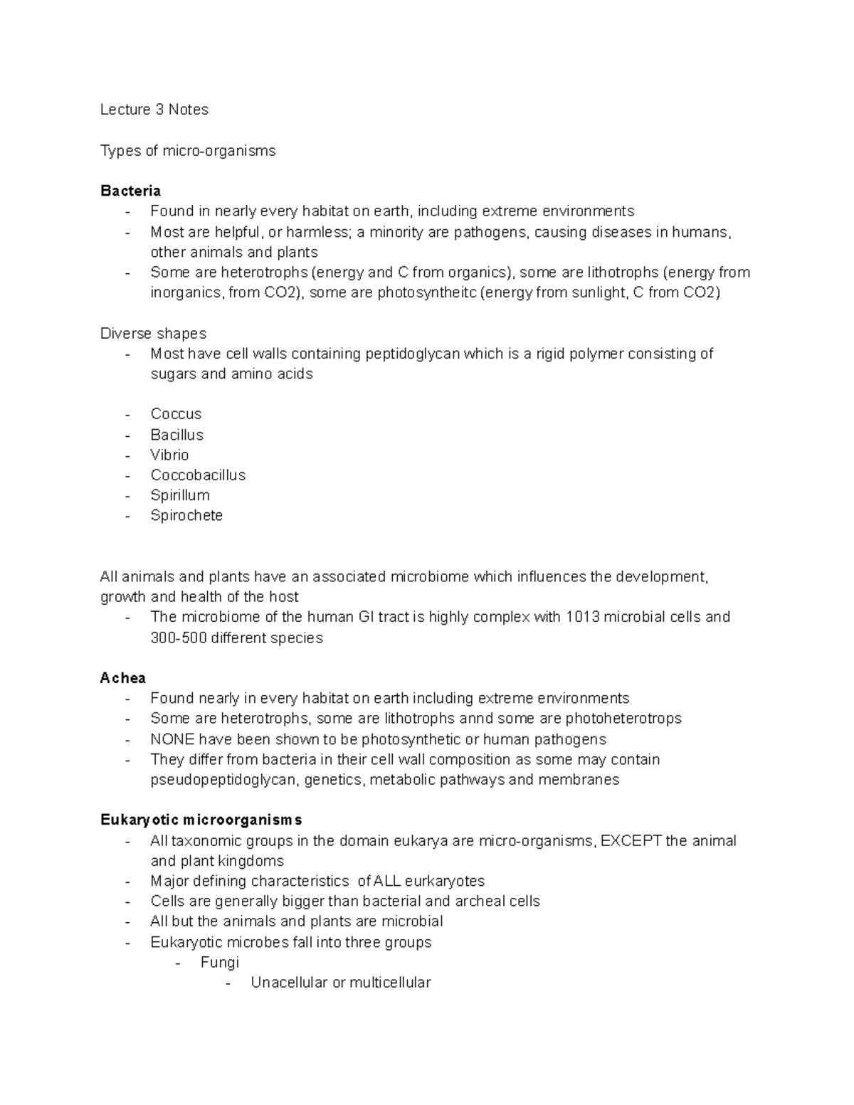 Lecture 3 Notes - Lecture 3 Notes Types of micro-organisms Bacteria ...