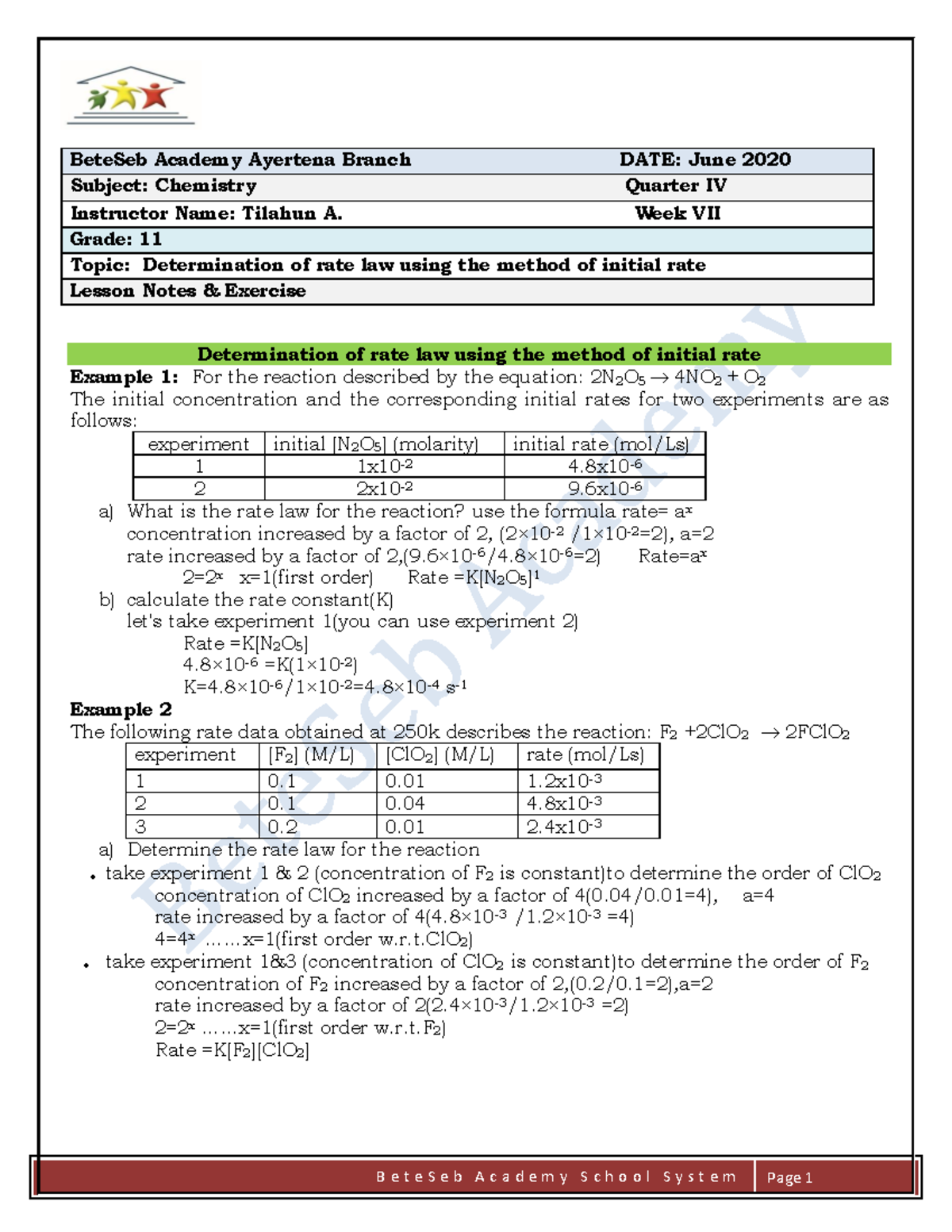 Determination of rate law using the method of initial rate - 04/0=4), a ...
