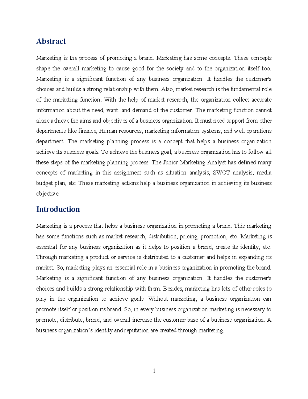 Marketing S1 - Business Analysis - Abstract Marketing is the process of ...