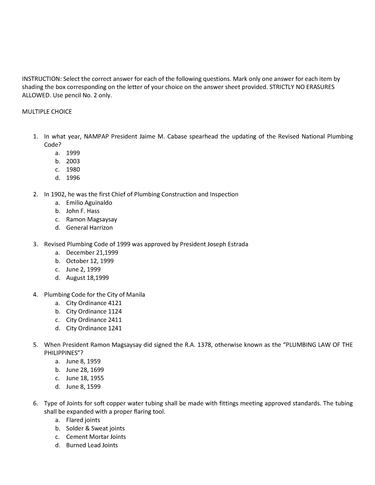 1.Plumbing Code Practice Exam Part 1 - In what year, NAMPAP President ...