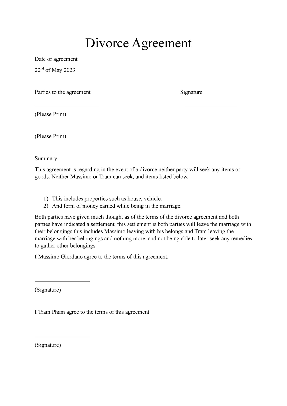 Divorce Agreement Divorce Agreement Date Of Agreement 22 Nd Of May 2023 Parties To The 3451