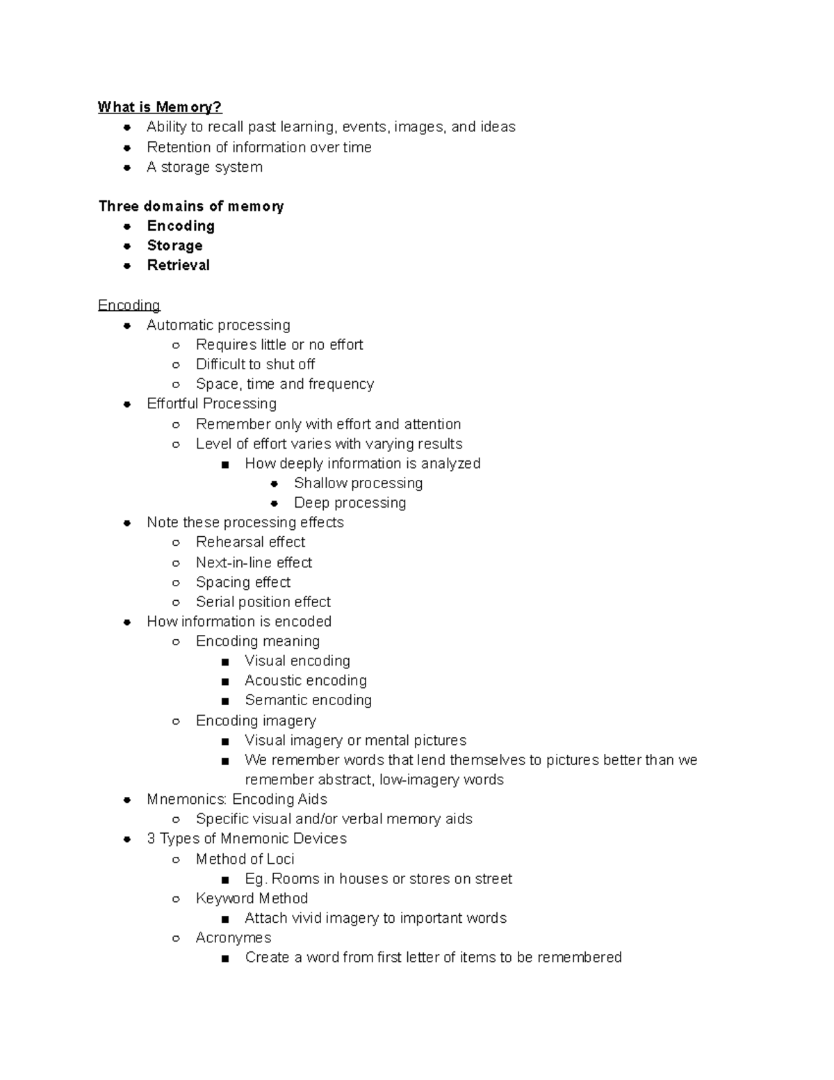 4th Week Memory Notes - What is Memory? Ability to recall past learning ...