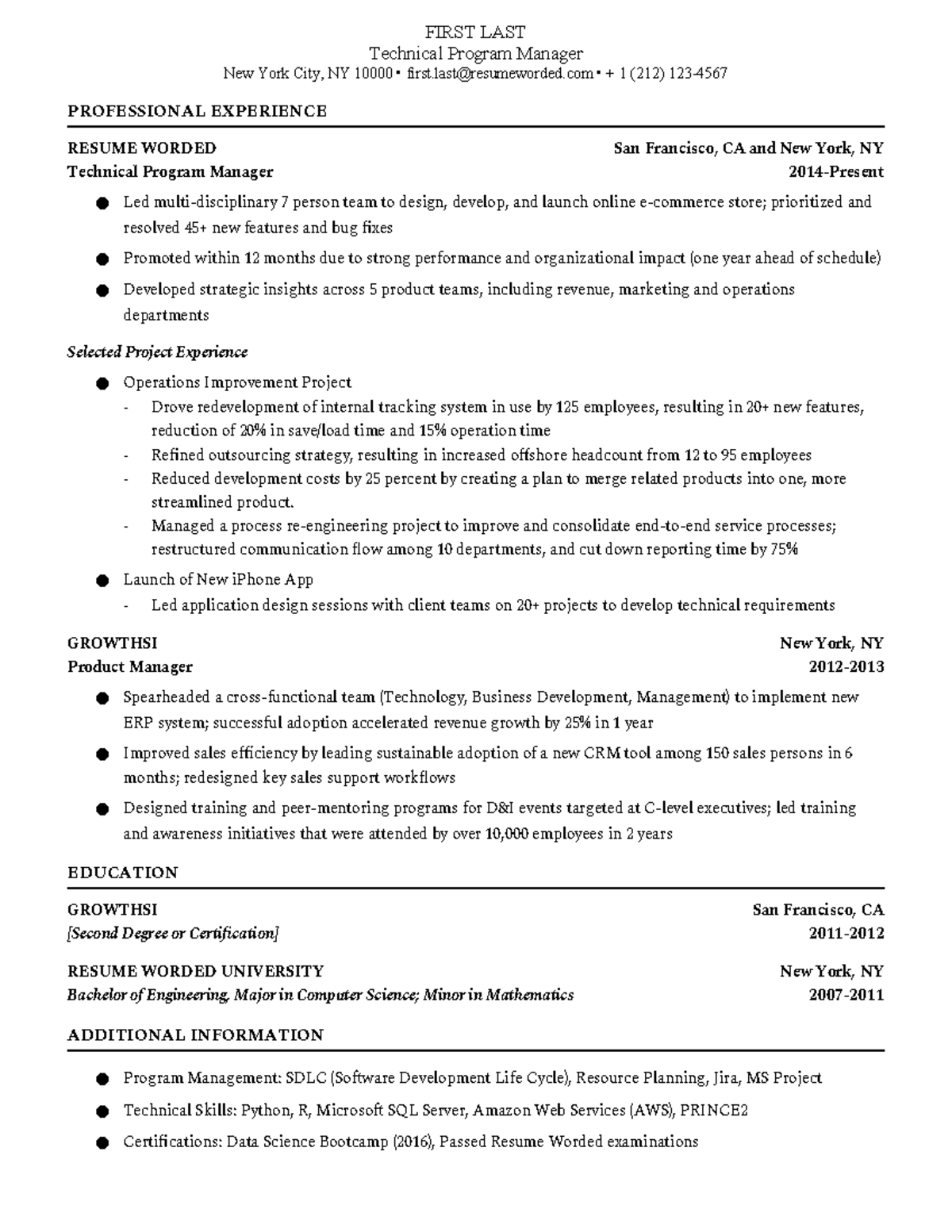 Sample Resume Technical Program Manager - FIRST LAST Technical Program ...