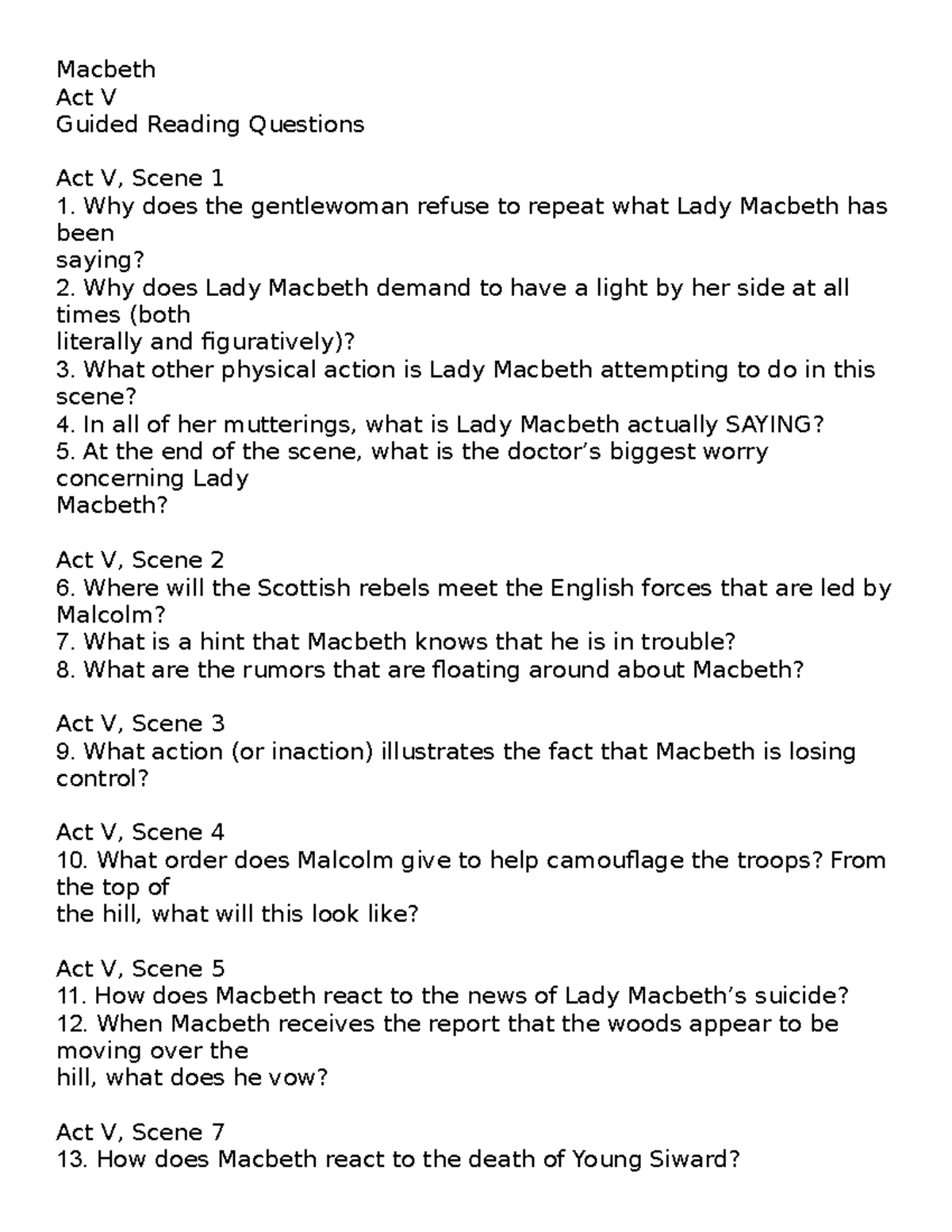 Macbeth Guided Reading Questions Act V Macbeth Act V Guided Reading