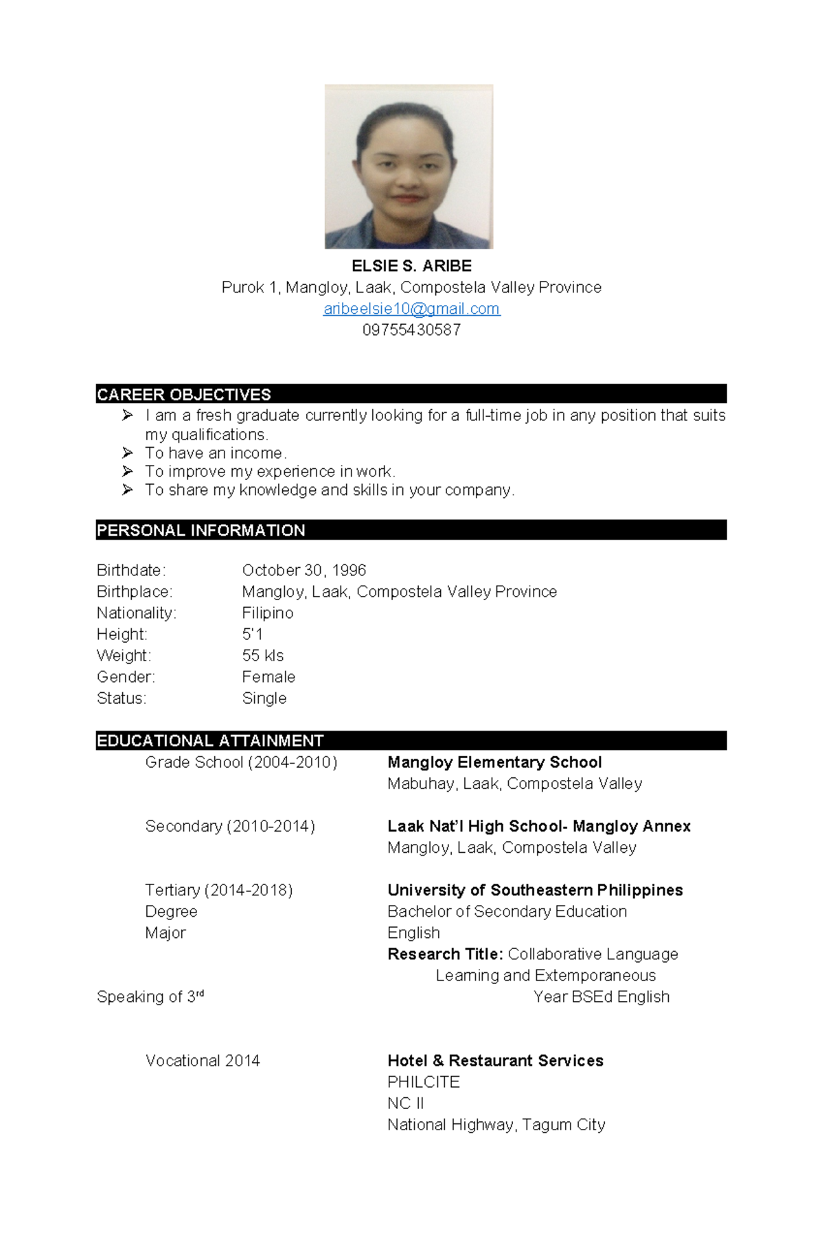 Elsie Samon Aribe (Resume) - ELSIE S. ARIBE Purok 1, Mangloy, Laak ...