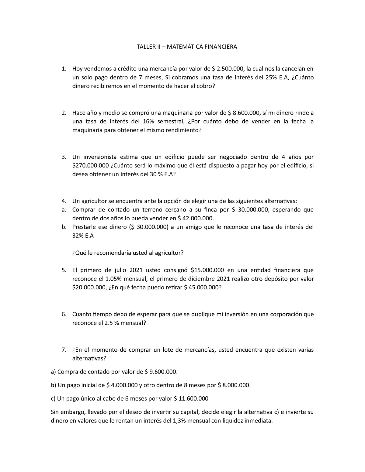 Taller II - Matemática Financiera - TALLER II – MATEMÁTICA FINANCIERA ...