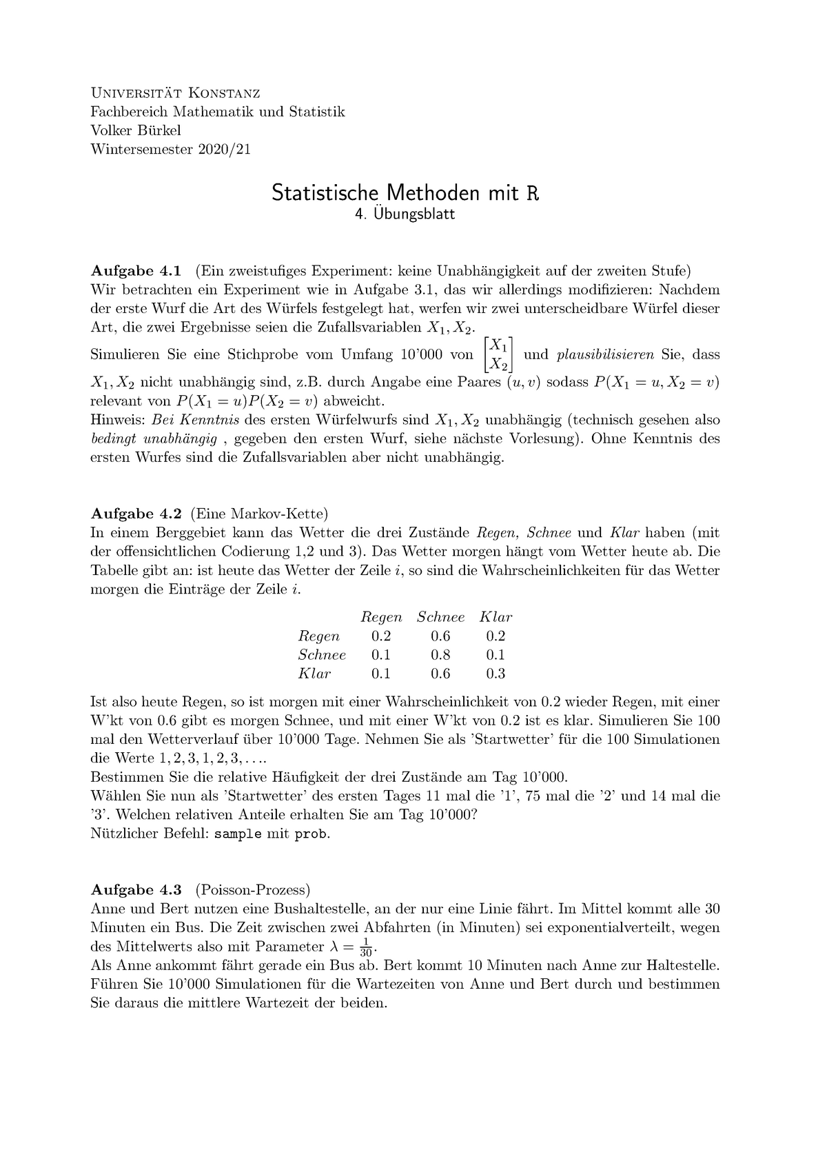 4. Ubungsblatt Statistische Methoden Mit R - Test Test Universit ̈at ...