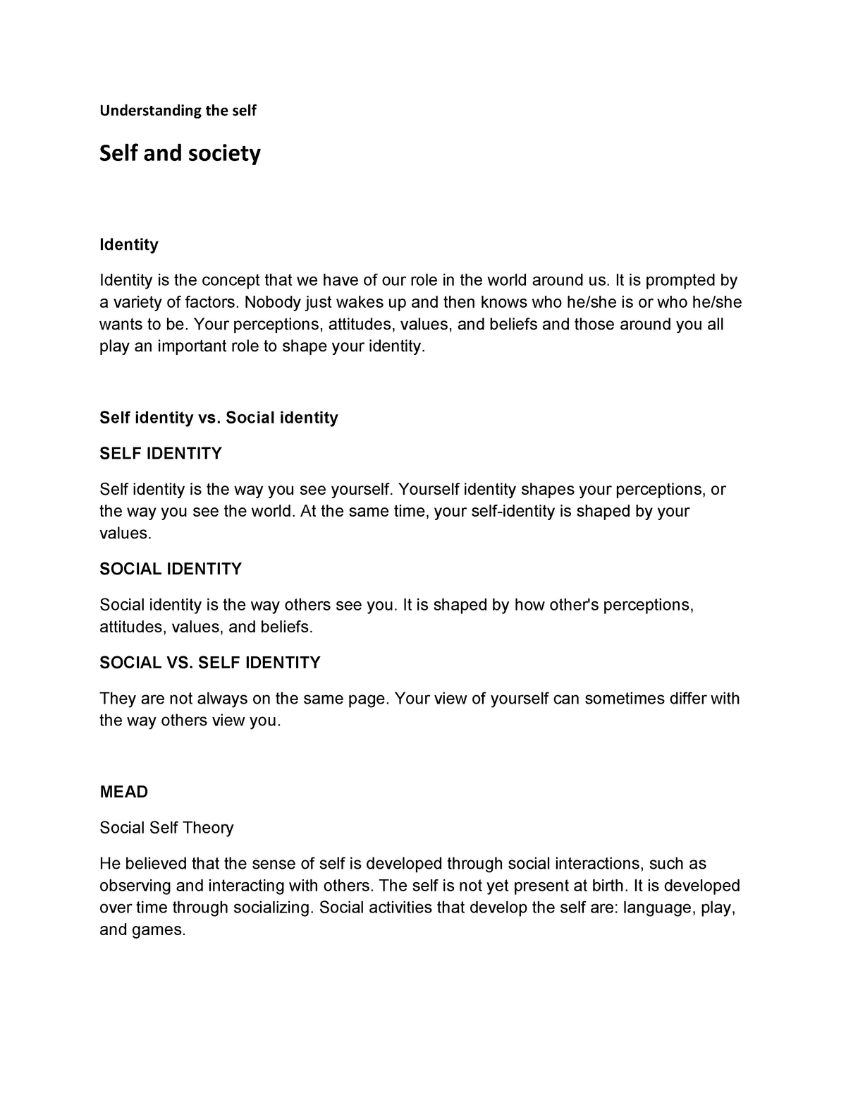 essay about understanding the self and society
