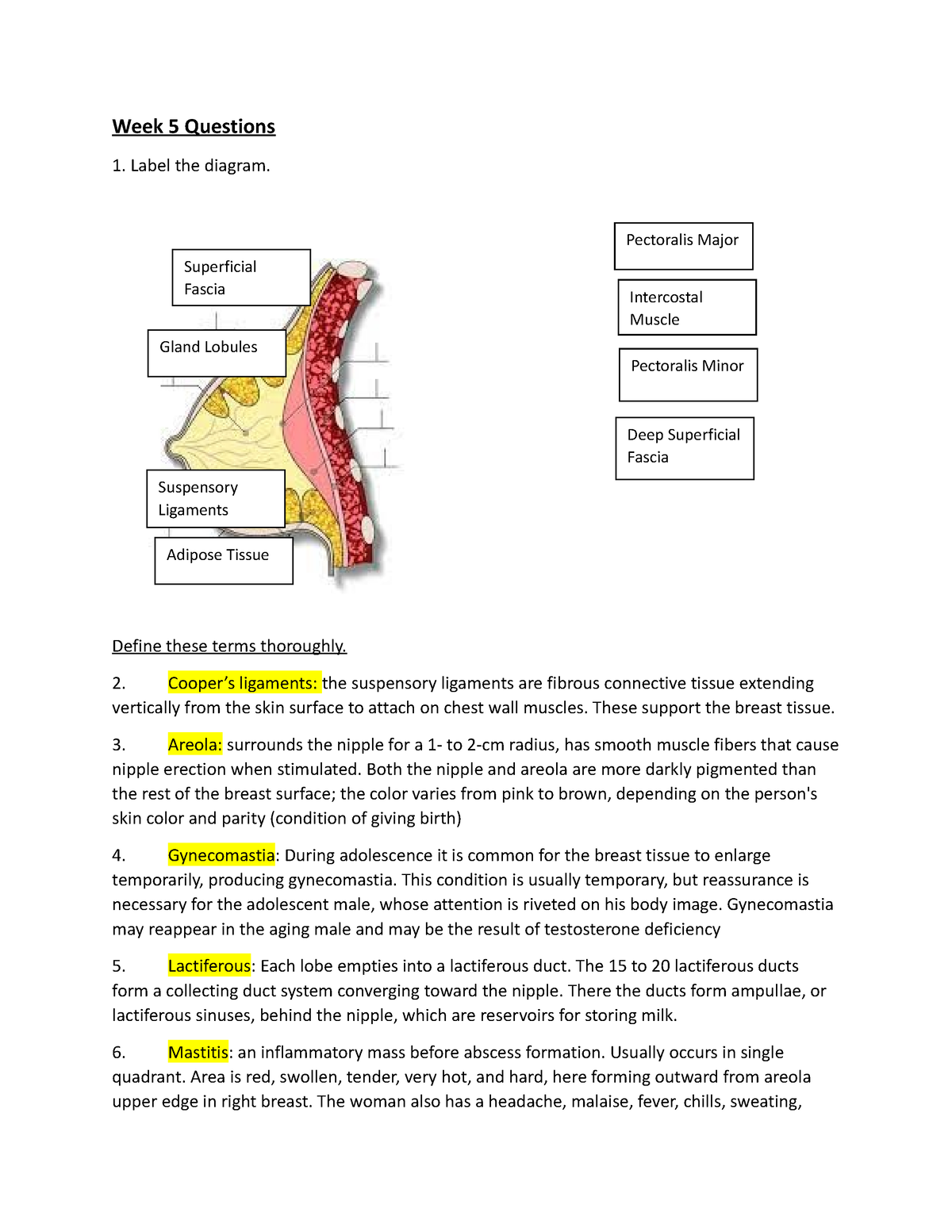 Week 5 post class questions - Week 5 Questions 1. Label the