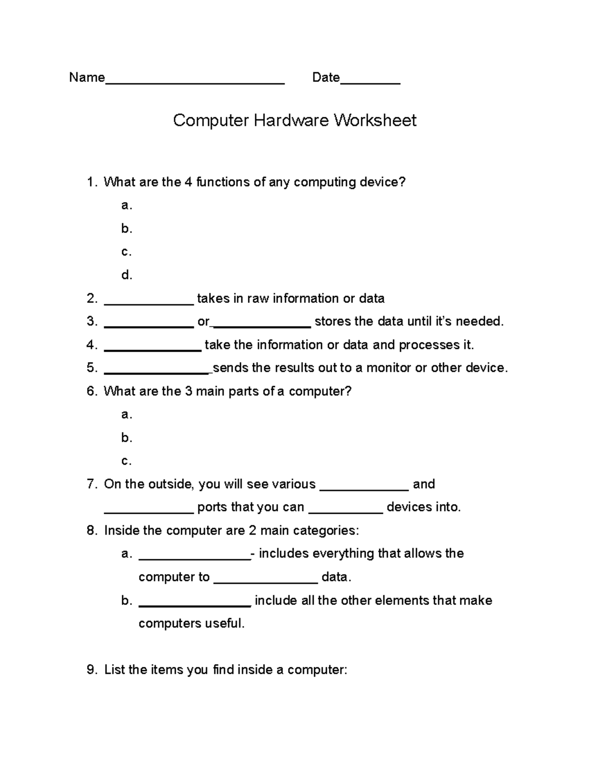 Computer Hardware Worksheet - Name________________________ Date ...