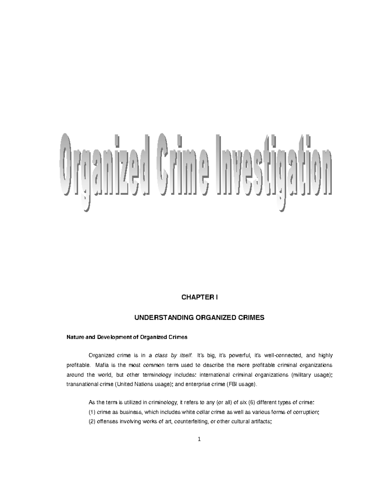 Organized Crime Chapter 1 - CHAPTER I UNDERSTANDING ORGANIZED CRIMES ...