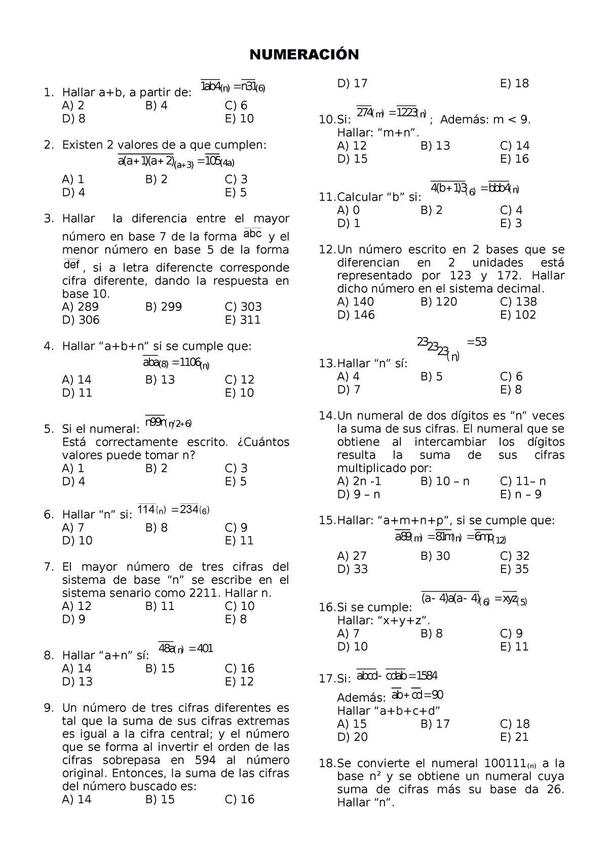 Numeración ( Problemas) - NUMERACIÓN Hallar A+b, A Partir De: (n) (6) 1 ...